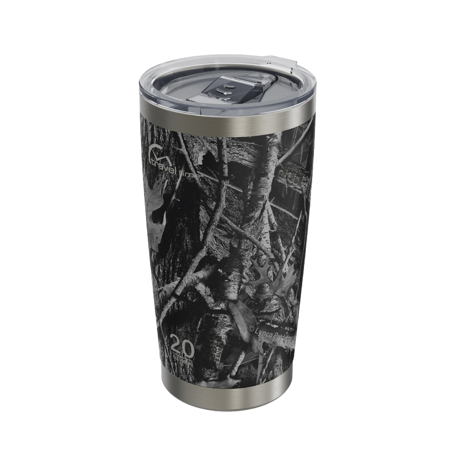 Side view of the 20oz Stainless Steel Travel Tumbler in Hunter's Stock Moonshot® Camo displayed at an angle and against a white background.
