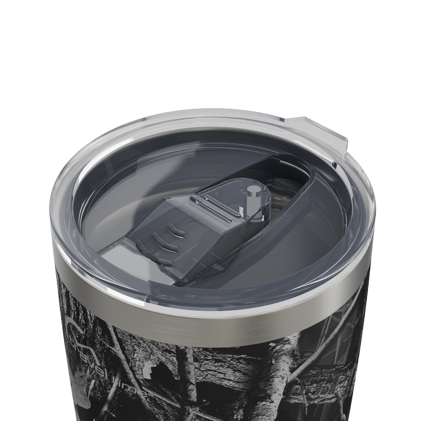 Close-up of the closed lid opening of the 20oz Stainless Steel Travel Tumbler in Hunter's Stock Moonshot® Camo displayed against a white background.