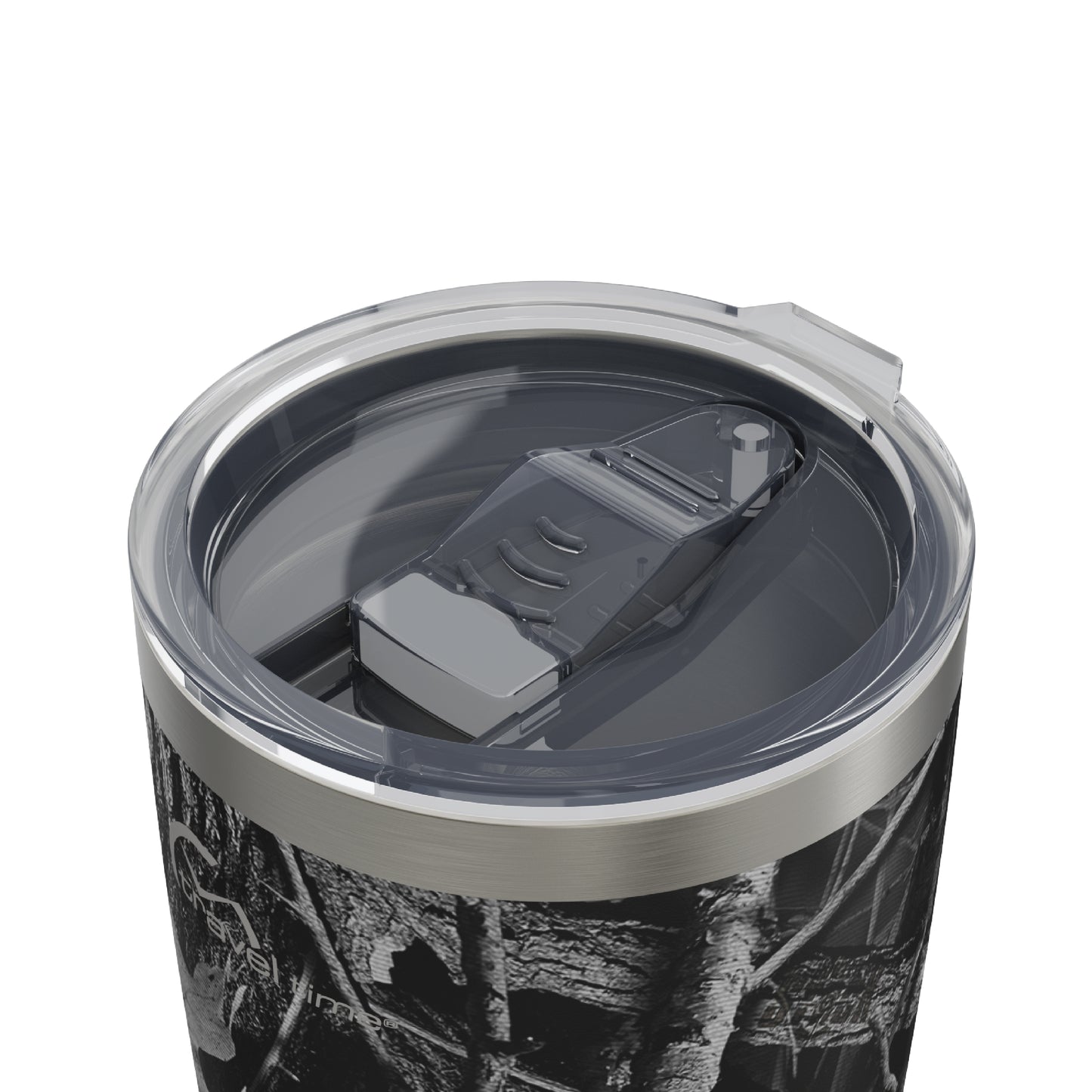 Close-up of the opened lid opening of the 20oz Stainless Steel Travel Tumbler in Hunter's Stock Moonshot® Camo displayed against a white background.