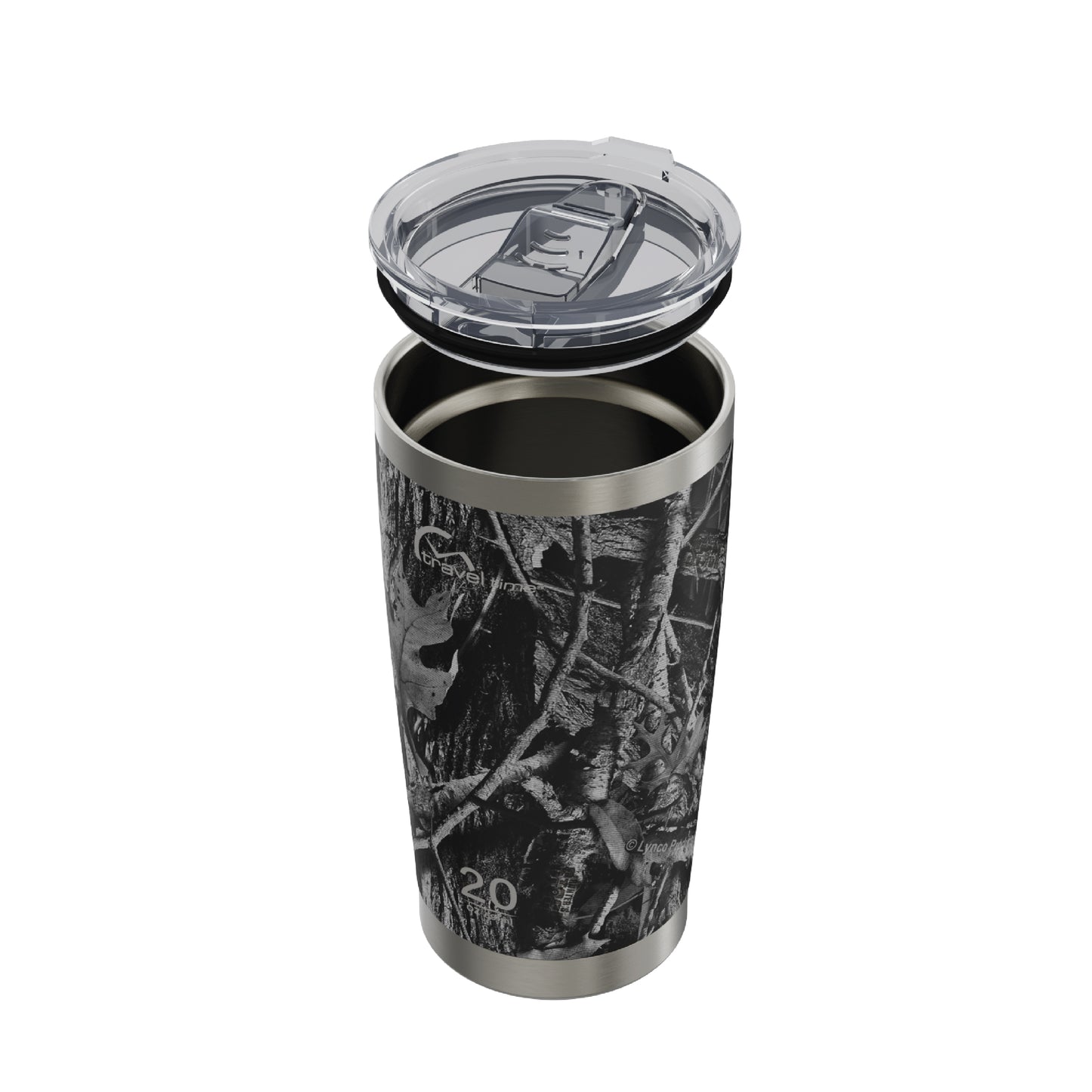 Side view of the 20oz Stainless Steel Travel Tumbler in Hunter's Stock Moonshot® Camo displayed at an angle and against a white background. The water bottle's lid has been lifted off.