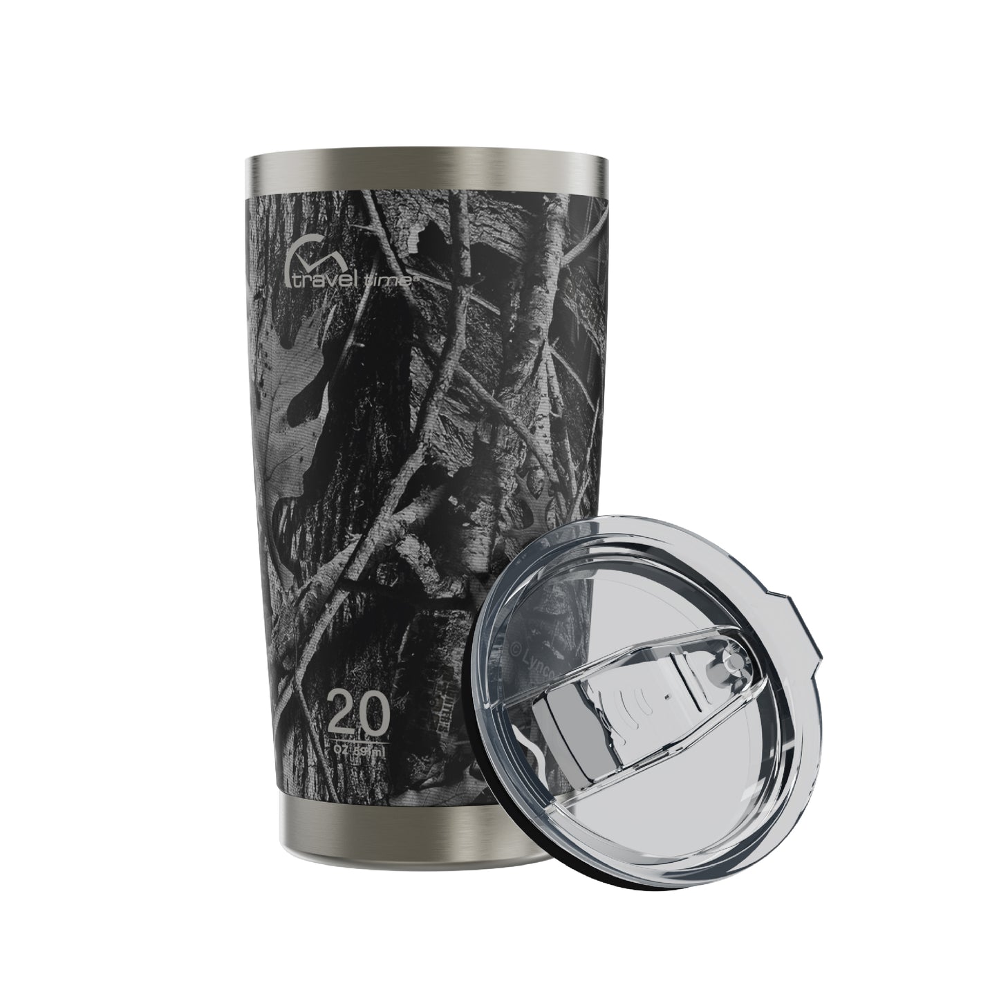 Side view of the 20oz Stainless Steel Travel Tumbler in Hunter's Stock Moonshot® Camo displayed at an angle and against a white background. The tumbler's lid is resting against the tumbler's side at an angle.