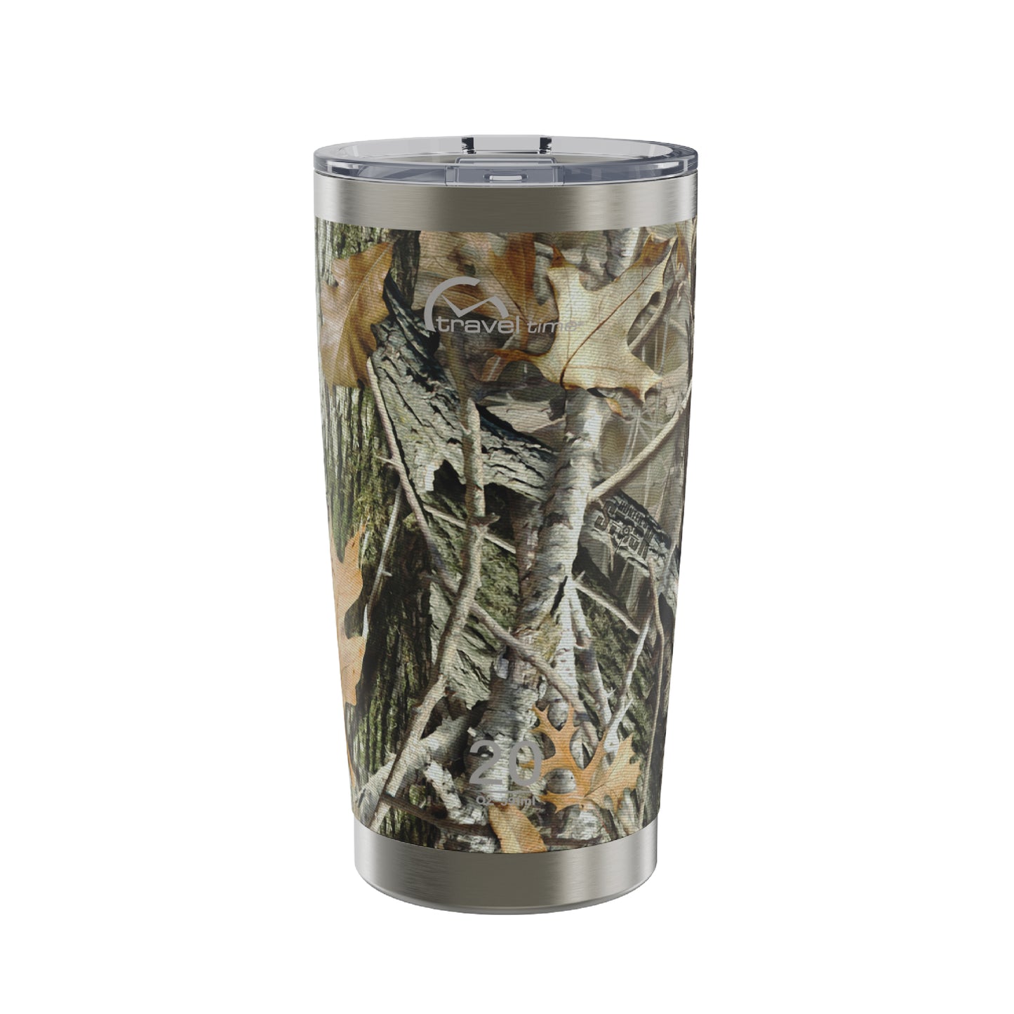 The 20oz Stainless Steel Travel Tumbler in Hunter's Stock Oneshot® Camo displayed against a white background.
