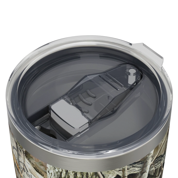 The 20oz Stainless Steel Travel Tumbler with its clear lid opening sliding open, followed by the entire lid lifting off, too showcase how the component can be removed. This gif is displayed against a white background.