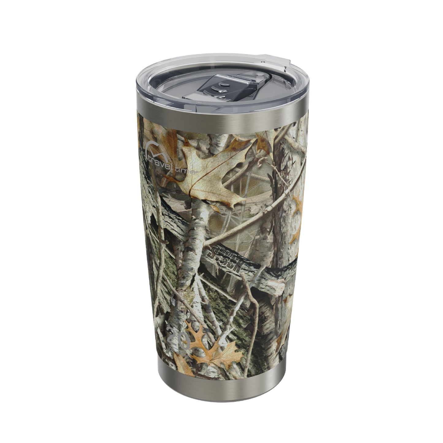 Side view of the 20oz Stainless Steel Travel Tumbler in Hunter's Stock Oneshot® Camo displayed at an angle and against a white background.