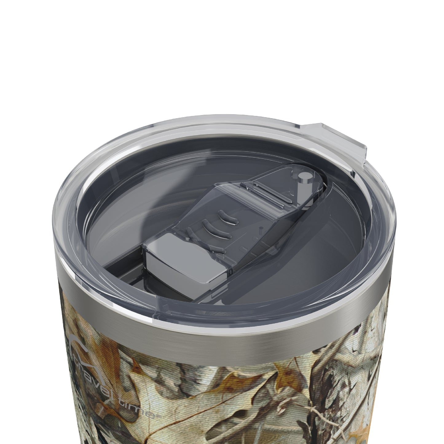Close-up of the opened lid opening of the 20oz Stainless Steel Travel Tumbler in Hunter's Stock Oneshot® Camo displayed against a white background.