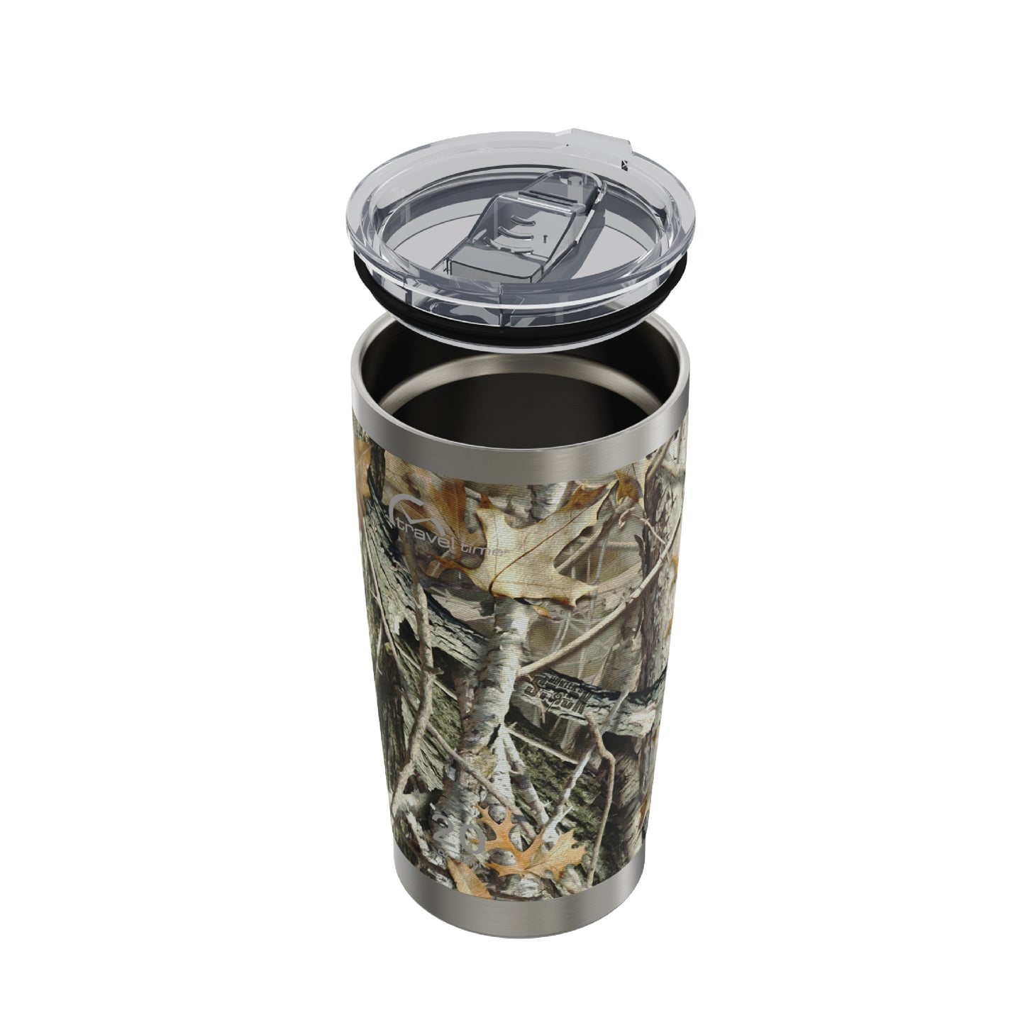 Side view of the 20oz Stainless Steel Travel Tumbler in Hunter's Stock Oneshot® Camo displayed at an angle and against a white background. The water bottle's lid has been lifted off.