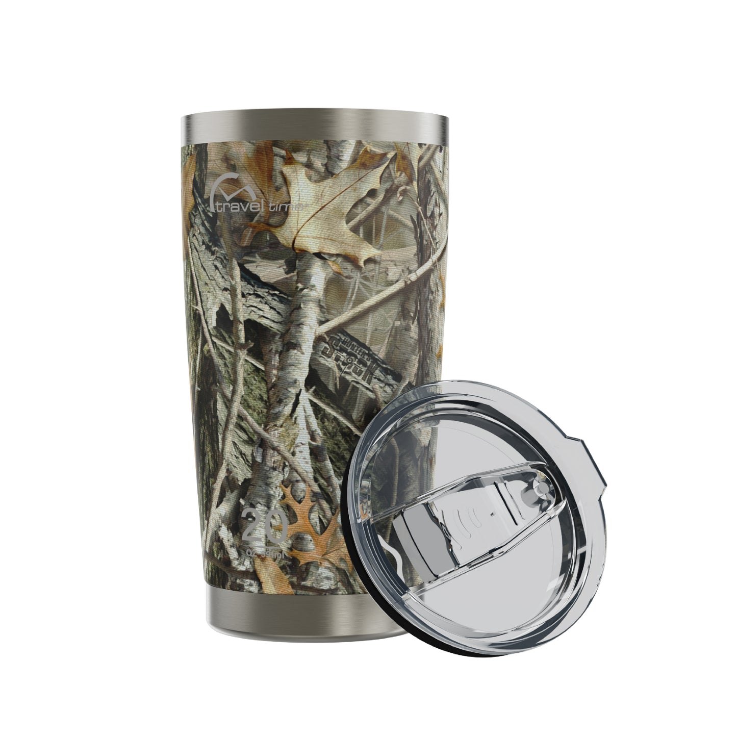 Side view of the 20oz Stainless Steel Travel Tumbler in Hunter's Stock Oneshot® Camo displayed at an angle and against a white background. The tumbler's lid is resting against the tumbler's side at an angle.