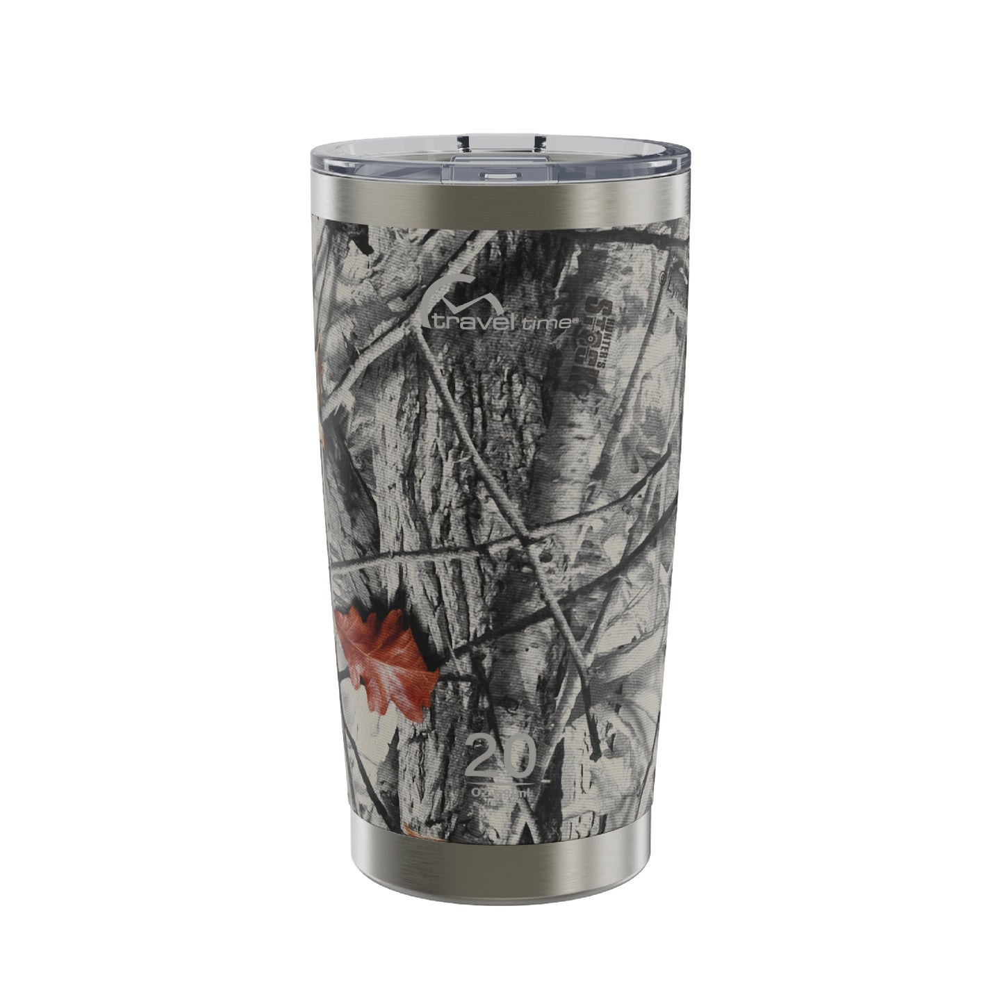 The 20oz Stainless Steel Travel Tumbler in Hunter's Stock Arctic® Camo displayed against a white background.