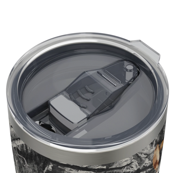 The 20oz Stainless Steel Travel Tumbler with its clear lid opening sliding open, followed by the entire lid lifting off, too showcase how the component can be removed. This gif is displayed against a white background.
