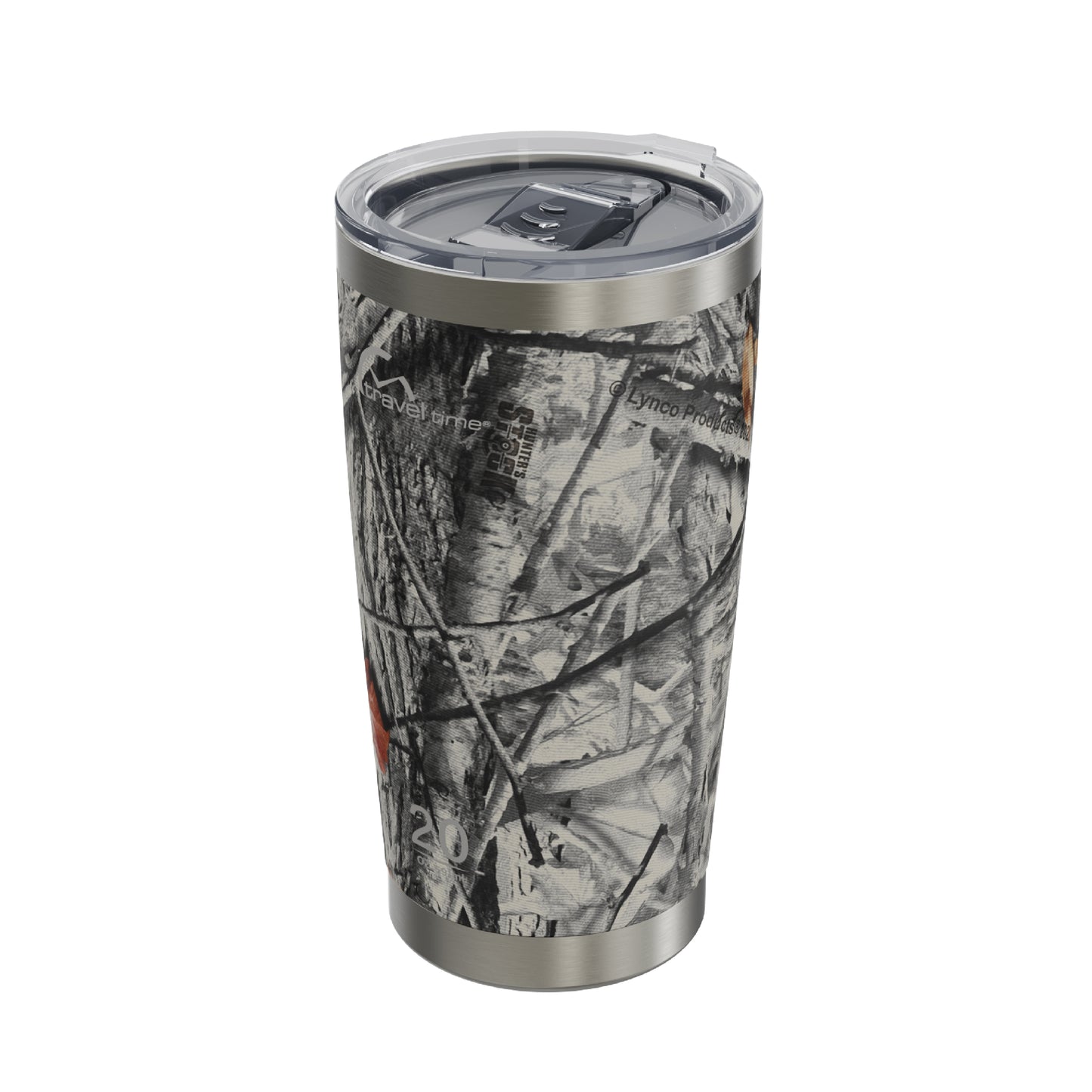 Side view of the 20oz Stainless Steel Travel Tumbler in Hunter's Stock Arctic® Camo displayed at an angle and against a white background.