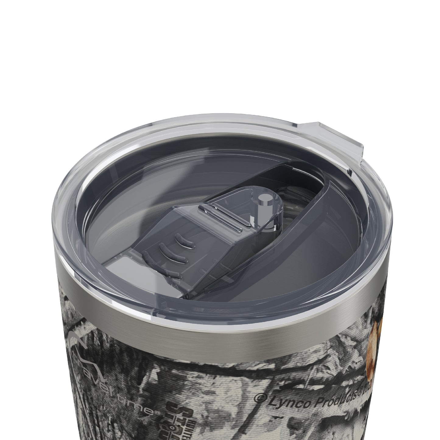 Close-up of the opened lid opening of the 20oz Stainless Steel Travel Tumbler in Hunter's Stock Arctic® Camo displayed against a white background.