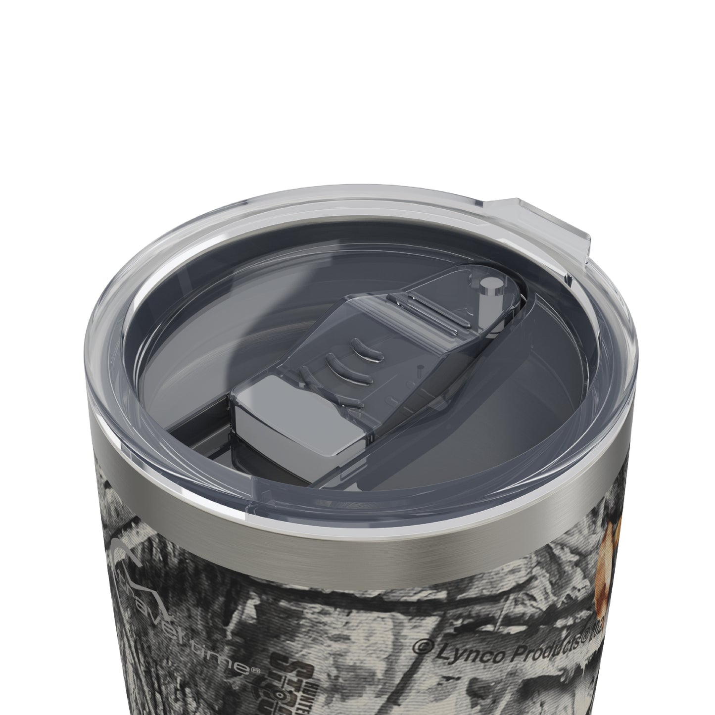 Close-up of the closed lid opening of the 20oz Stainless Steel Travel Tumbler in Hunter's Stock Arctic® Camo displayed against a white background.