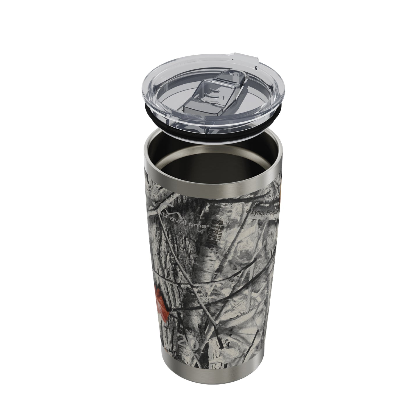 Side view of the 20oz Stainless Steel Travel Tumbler in Hunter's Stock Arctic® Camo displayed at an angle and against a white background. The water bottle's lid has been lifted off.