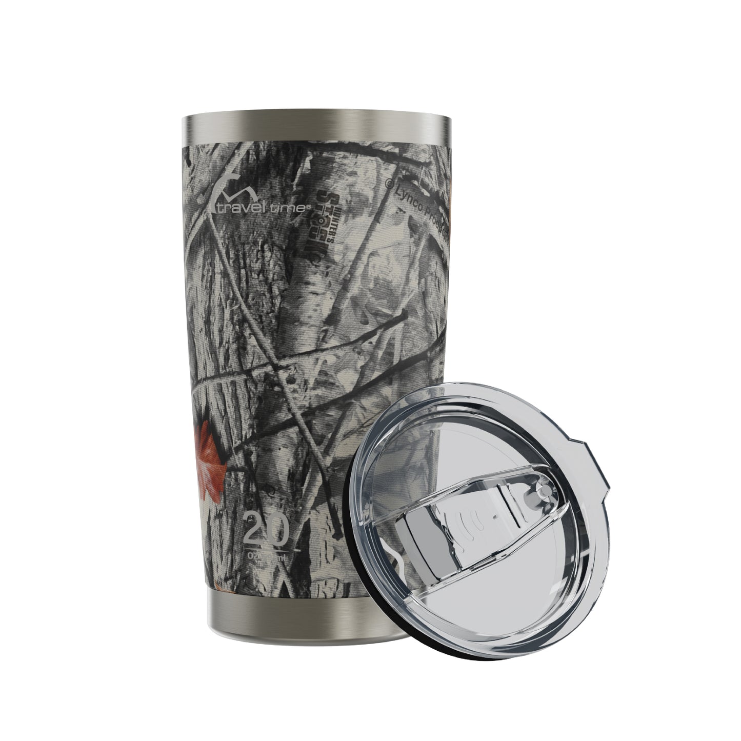 Side view of the 20oz Stainless Steel Travel Tumbler in Hunter's Stock Arctic® Camo displayed at an angle and against a white background. The tumbler's lid is resting against the tumbler's side at an angle.