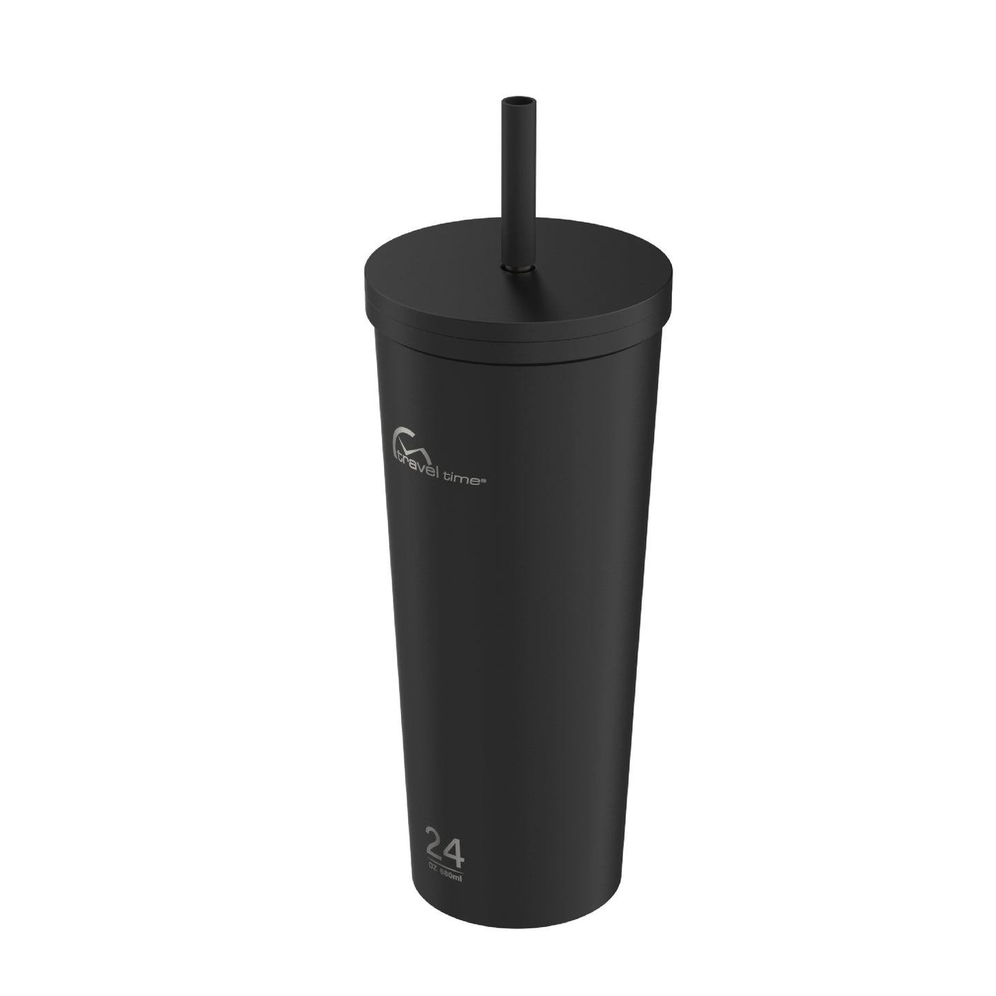Side view of the 24oz Stainless Steel Tumbler with Straw and Lid in black displayed at an angle and against a white background.