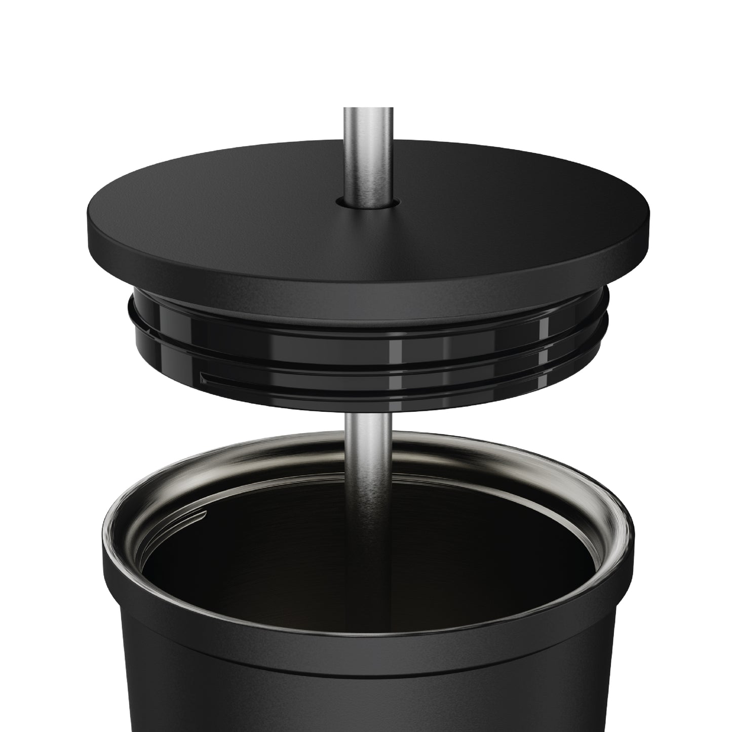 Close-up of the straw and opened lid of the 24oz Stainless Steel Tumbler in black displayed against a white background.