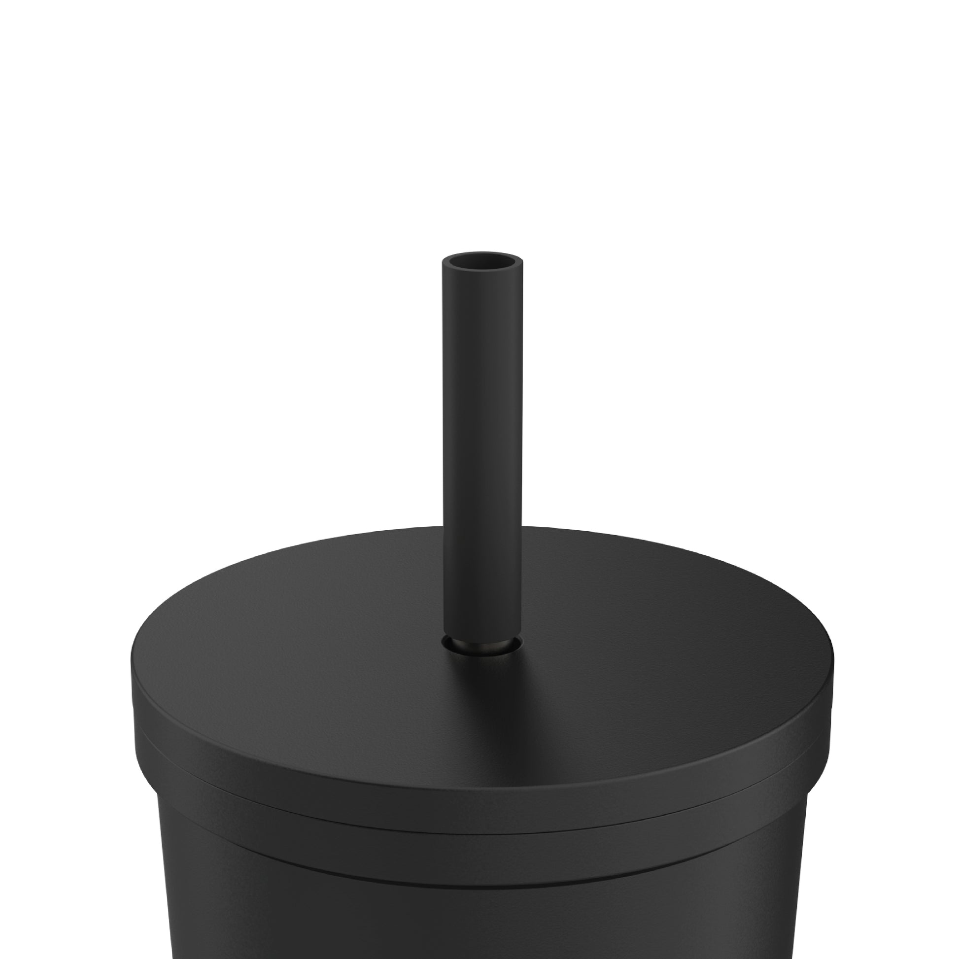 Close-up of the straw and closed lid of the 24oz Stainless Steel Tumbler in black displayed against a white background.