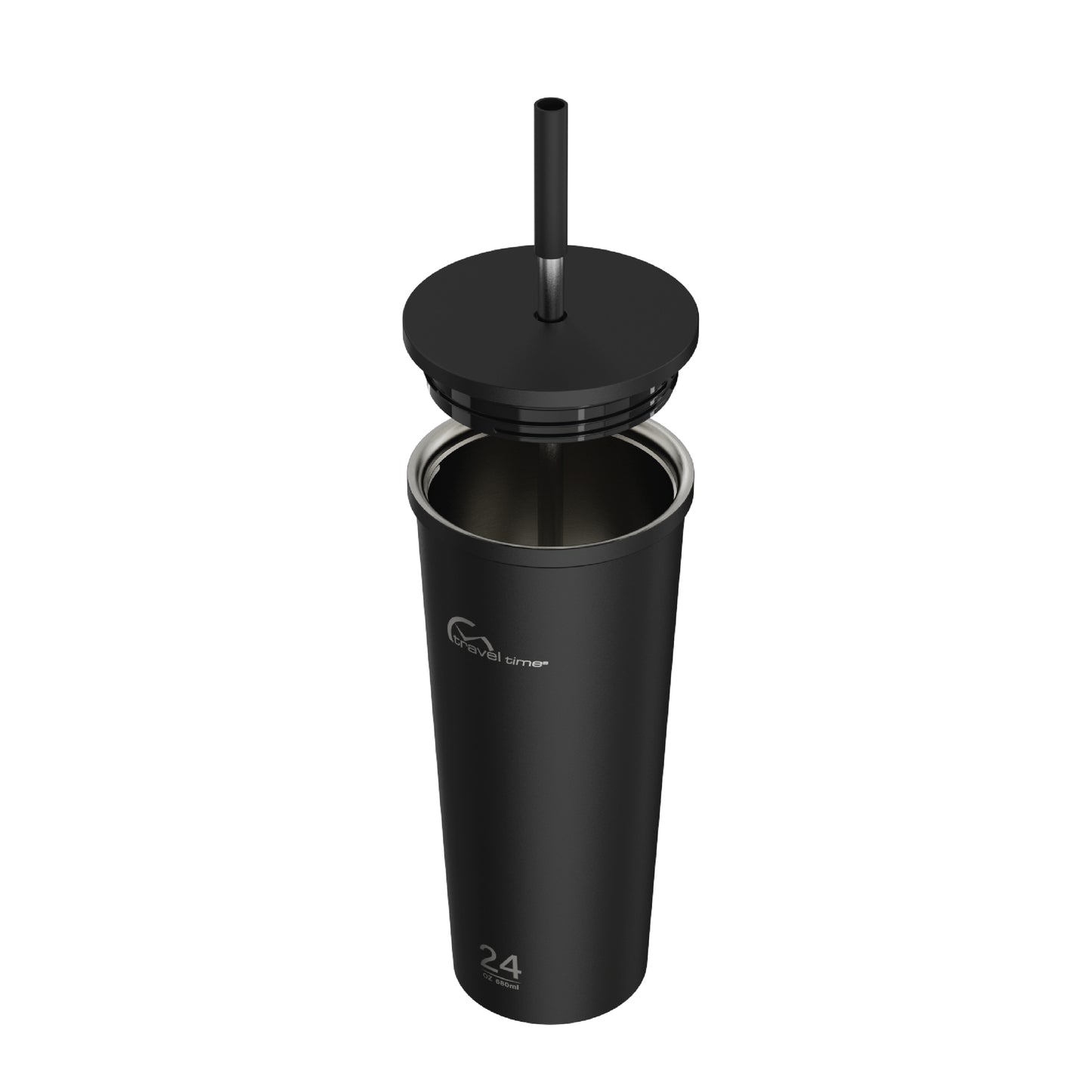 Side view of the 24oz Stainless Steel Tumbler with Straw and Lid in black displayed at an angle and against a white background. The tumbler's lid has been opened.