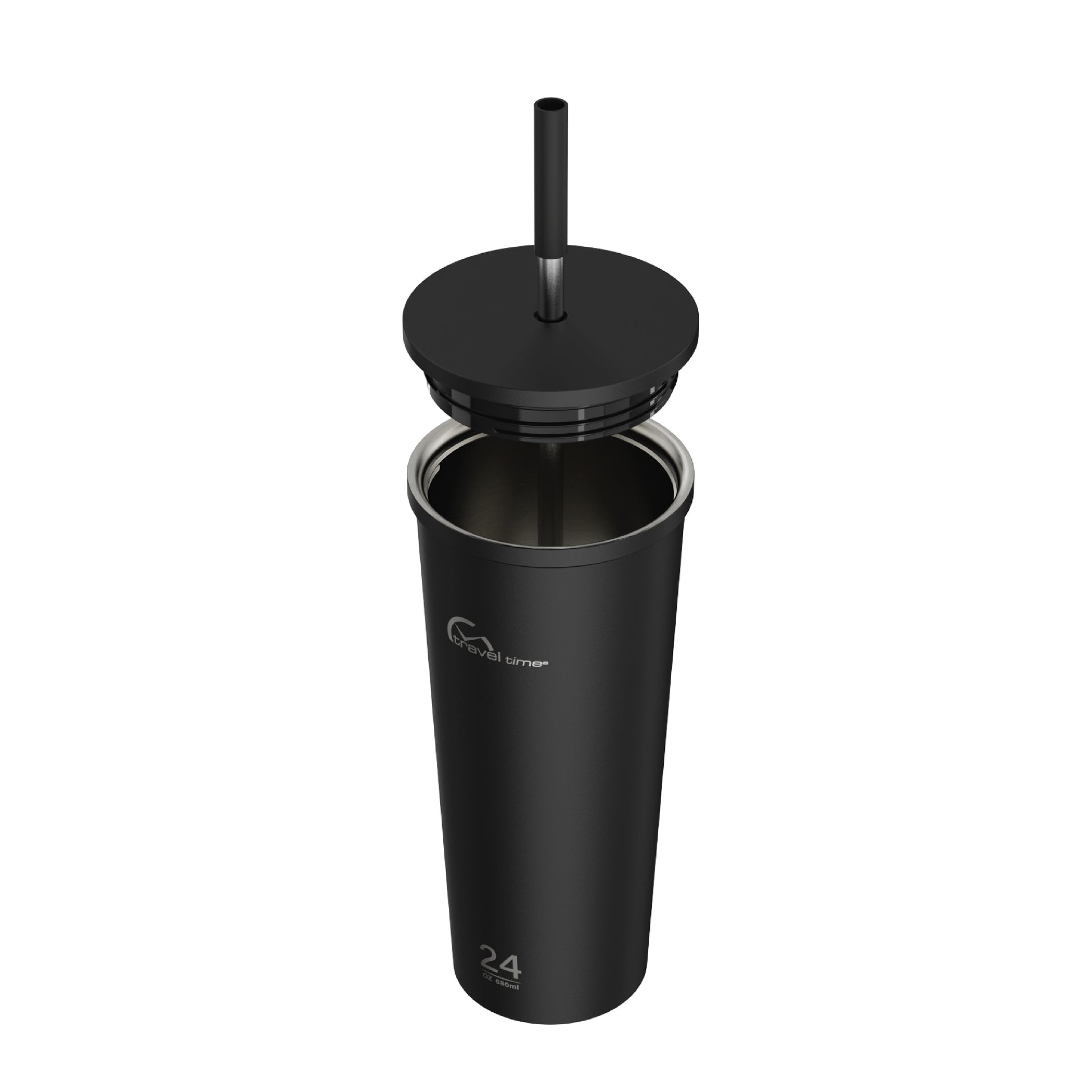 Side view of the 24oz Stainless Steel Tumbler with Straw and Lid in black displayed at an angle and against a white background. The tumbler's lid has been opened.