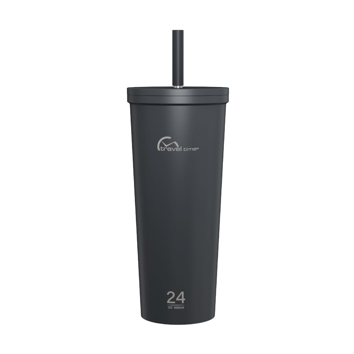 The 24oz Stainless Steel Tumbler with Straw and Lid in navy displayed against a white background.