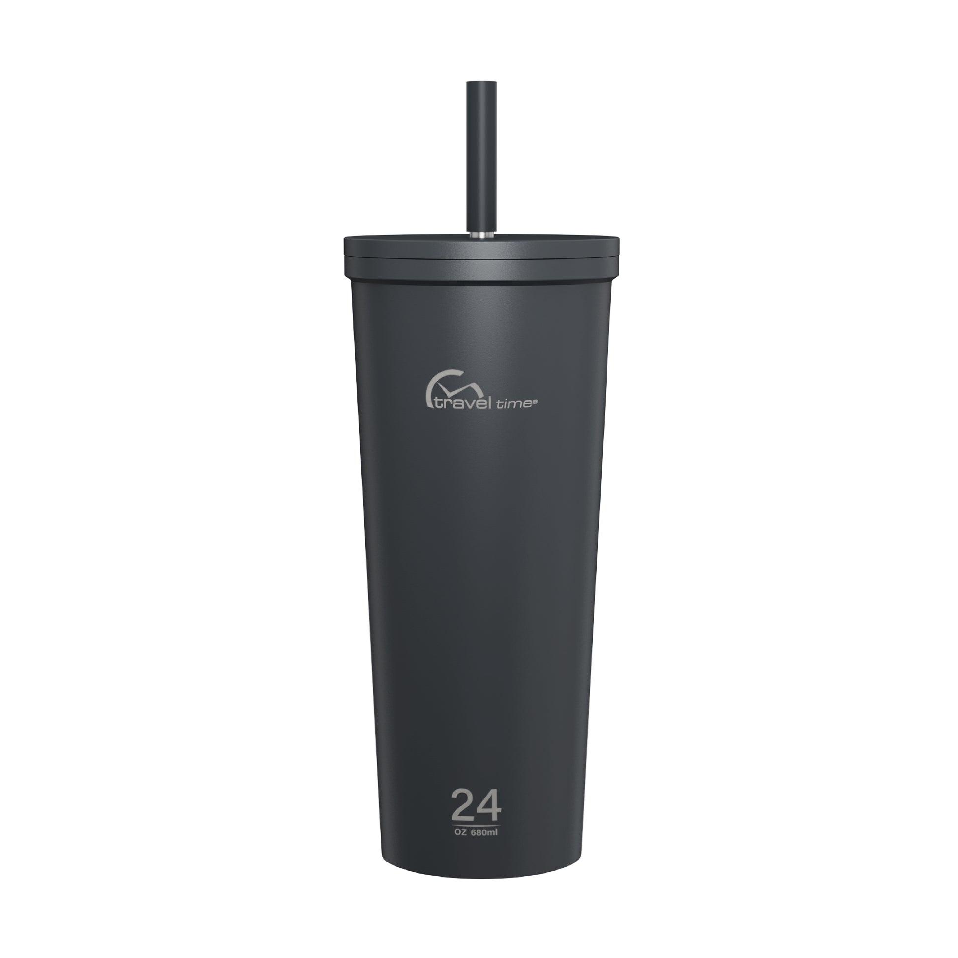The 24oz Stainless Steel Tumbler with Straw and Lid in navy displayed against a white background.
