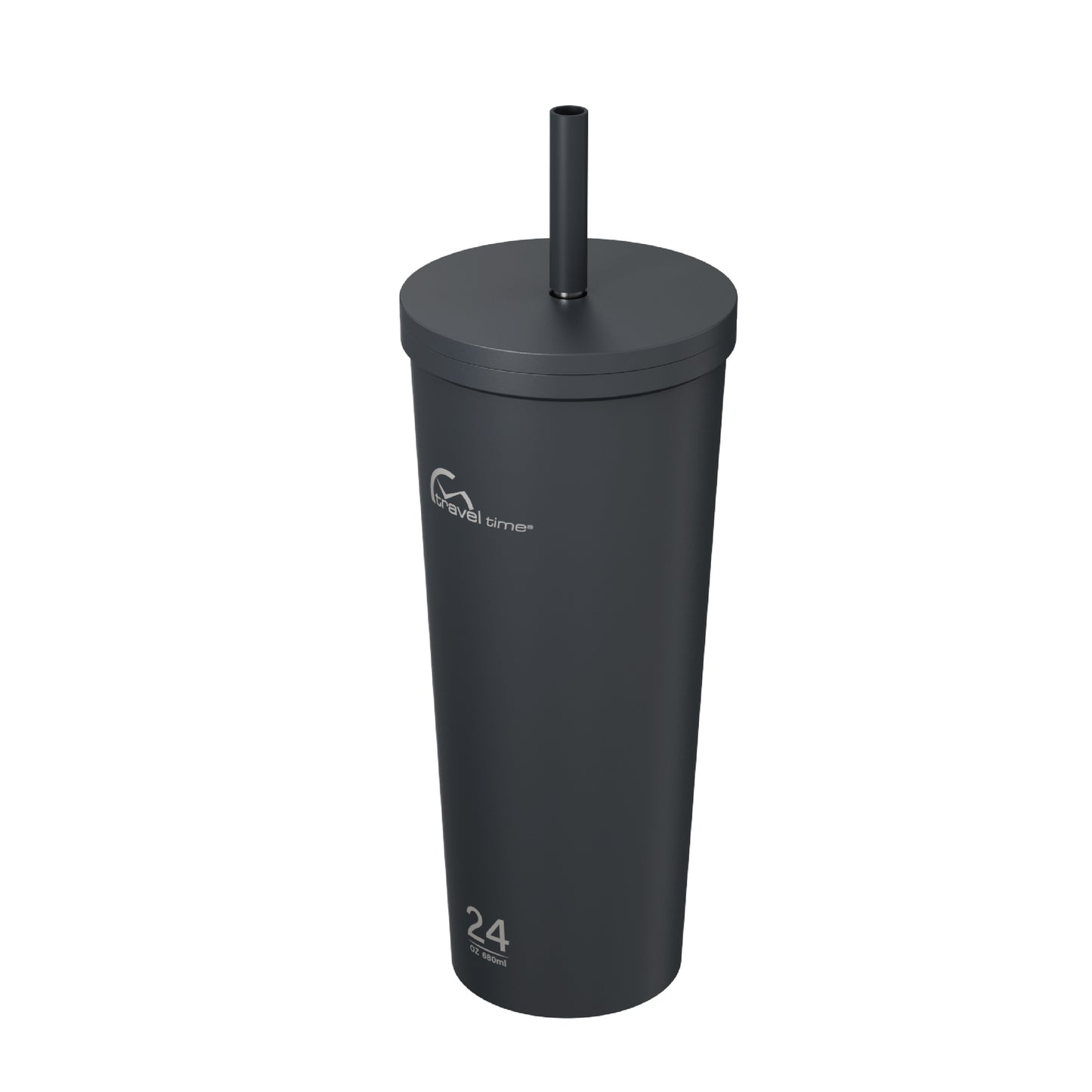 Side view of the 24oz Stainless Steel Tumbler with Straw and Lid in navy displayed at an angle and against a white background.