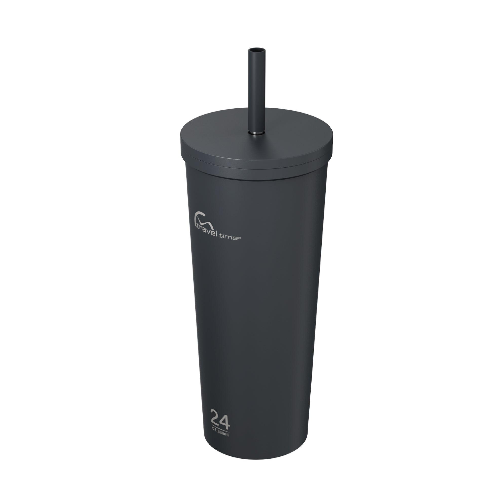 Side view of the 24oz Stainless Steel Tumbler with Straw and Lid in navy displayed at an angle and against a white background.