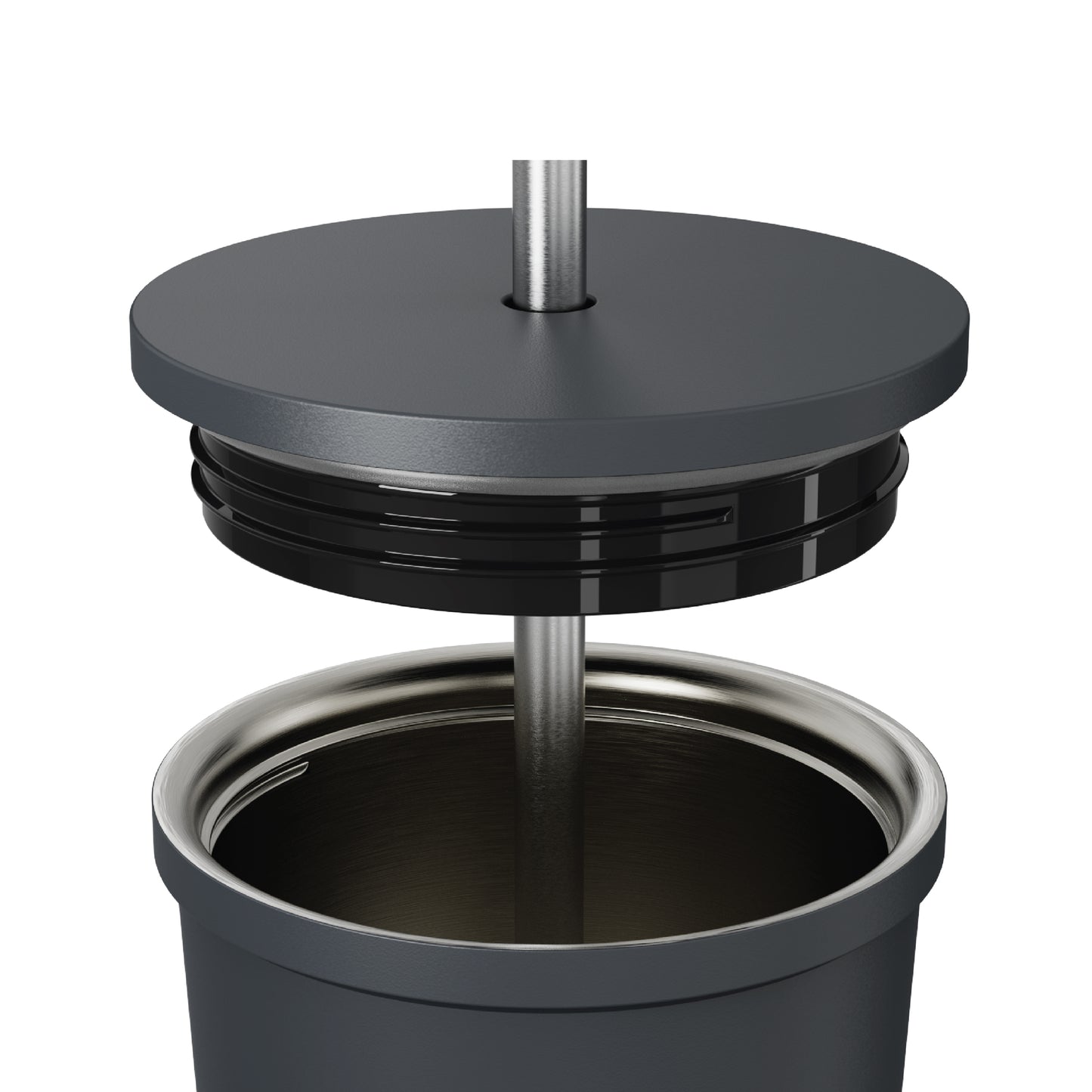 Close-up of the straw and opened lid of the 24oz Stainless Steel Tumbler in navy displayed against a white background.