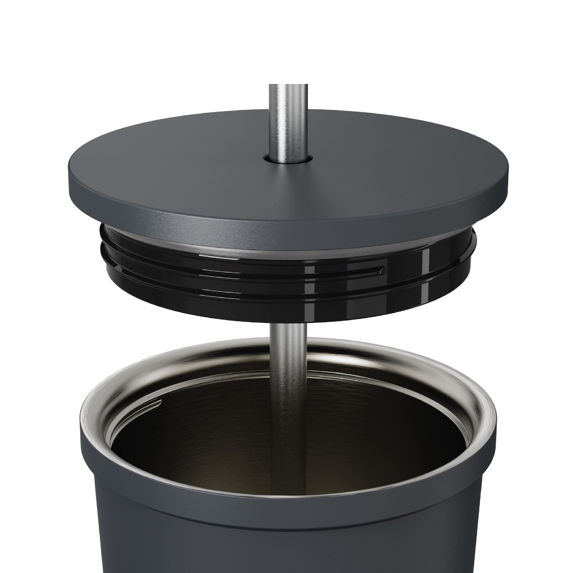 Close-up of the straw and opened lid of the 24oz Stainless Steel Tumbler in navy displayed against a white background.