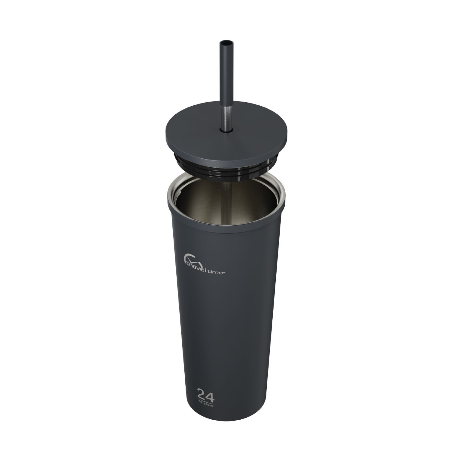 Side view of the 24oz Stainless Steel Tumbler with Straw and Lid in navy displayed at an angle and against a white background. The tumbler's lid has been opened.