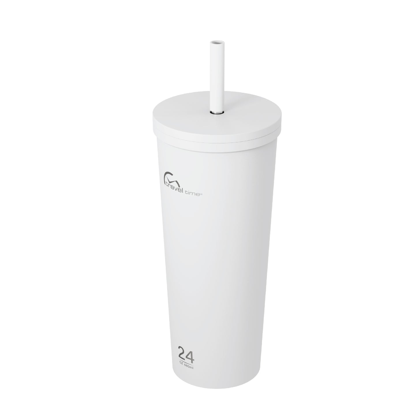 Side view of the 24oz Stainless Steel Tumbler with Straw and Lid in white displayed at an angle and against a white background.