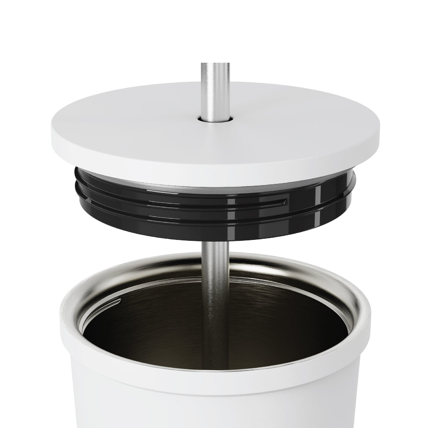 Close-up of the straw and opened lid of the 24oz Stainless Steel Tumbler in white displayed against a white background.