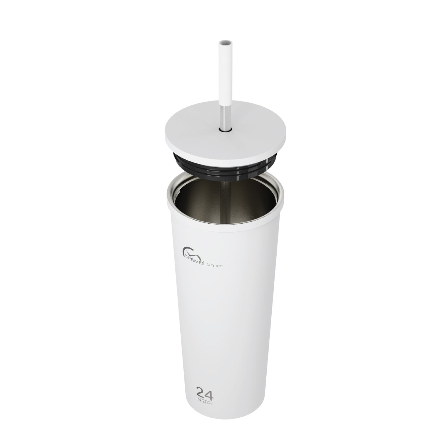 Side view of the 24oz Stainless Steel Tumbler with Straw and Lid in white displayed at an angle and against a white background. The tumbler's lid has been opened.