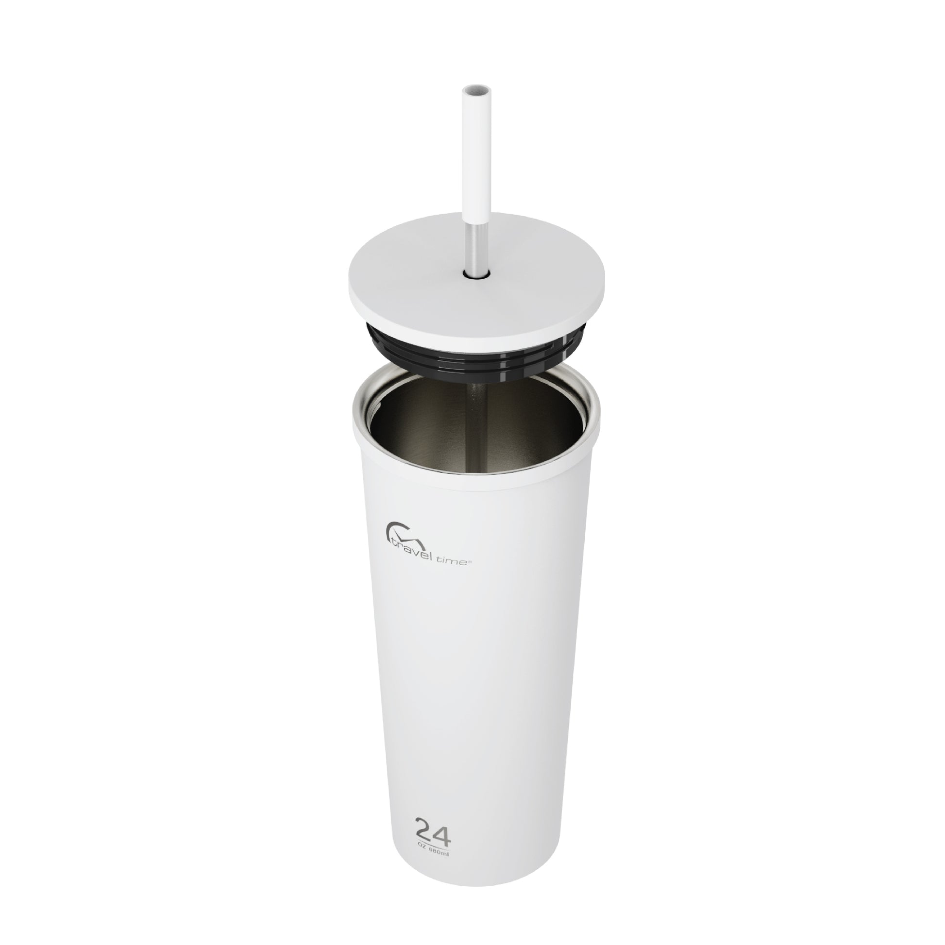 Side view of the 24oz Stainless Steel Tumbler with Straw and Lid in white displayed at an angle and against a white background. The tumbler's lid has been opened.