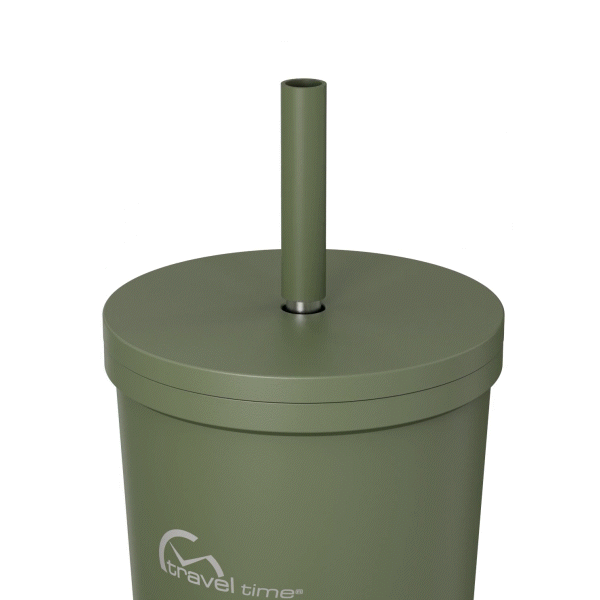 The 24oz Stainless Steel Tumbler's Straw and Lid lift open showcasing the two components. This gif is displayed against a white background.