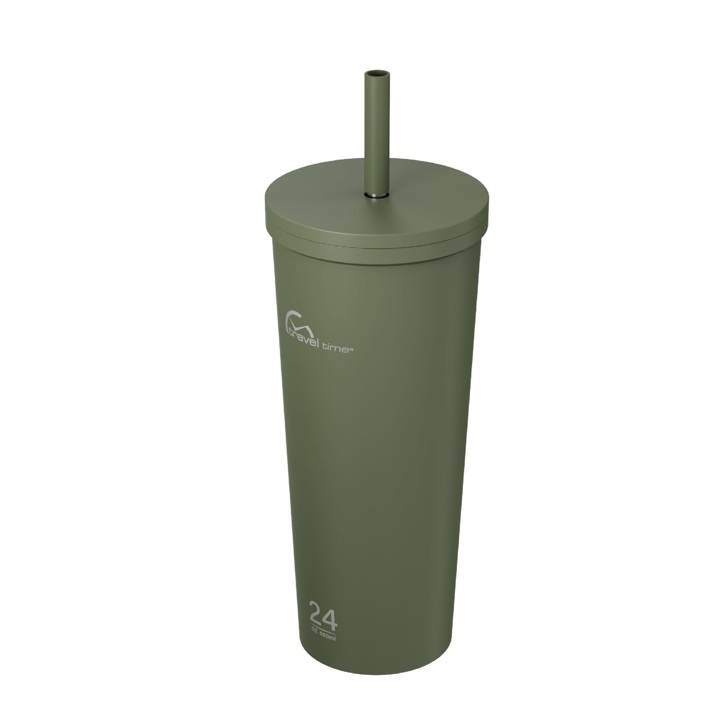 Side view of the 24oz Stainless Steel Tumbler with Straw and Lid in forest green displayed at an angle and against a white background.