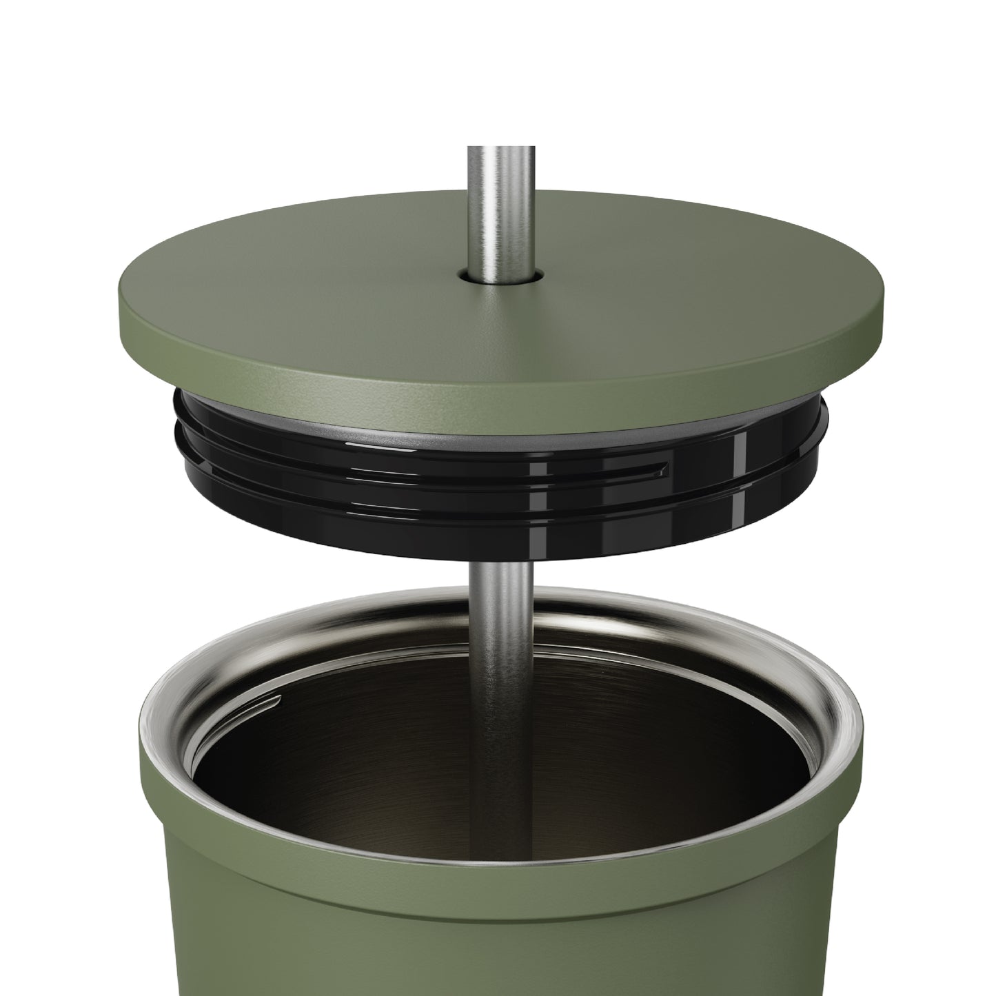 Close-up of the straw and opened lid of the 24oz Stainless Steel Tumbler in navy displayed against a white background.