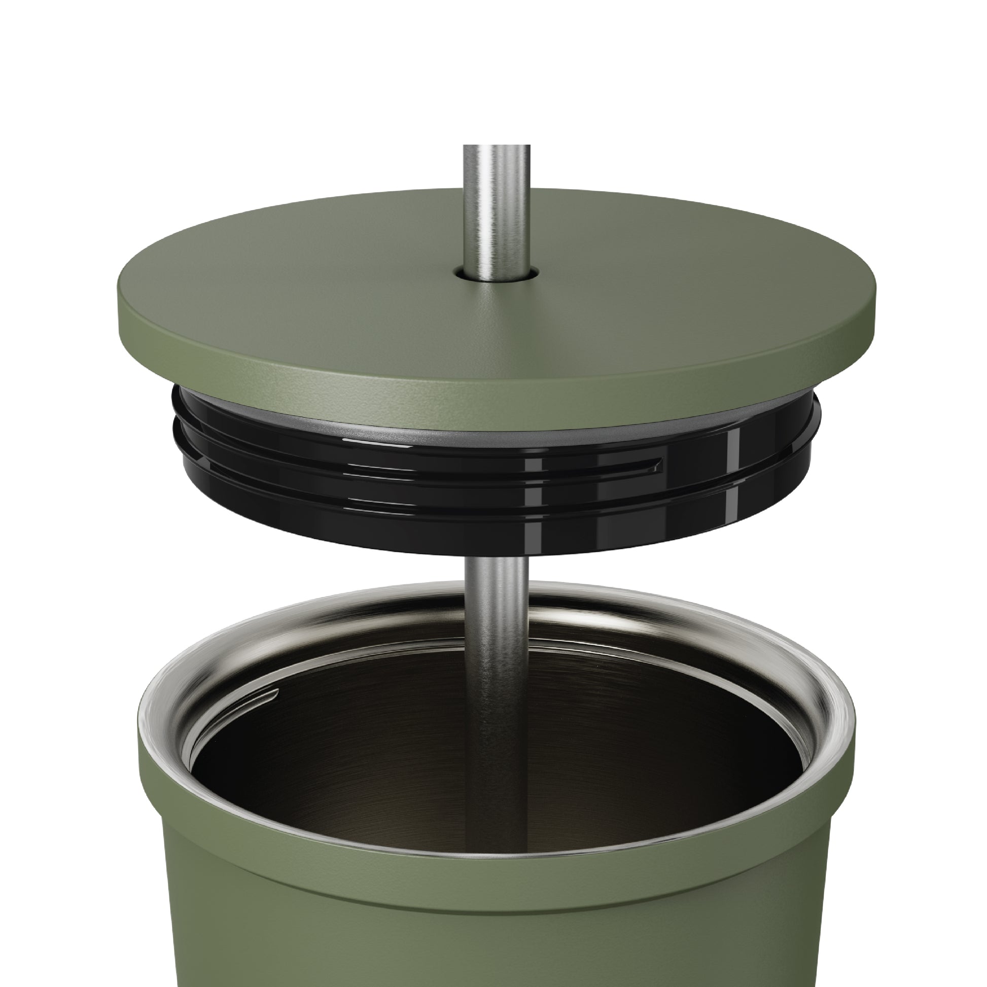 Close-up of the straw and opened lid of the 24oz Stainless Steel Tumbler in navy displayed against a white background.