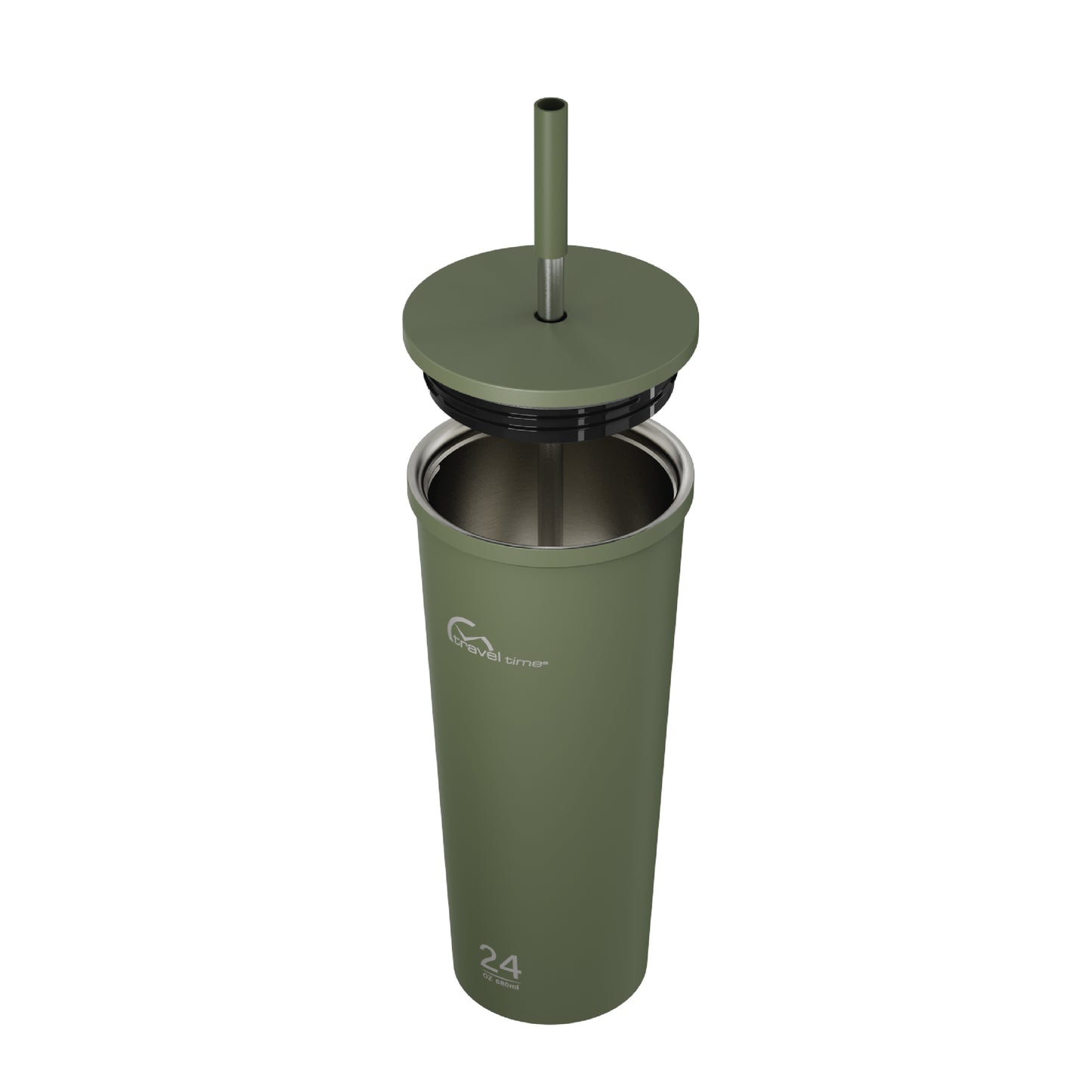 Side view of the 24oz Stainless Steel Tumbler with Straw and Lid in forest green displayed at an angle and against a white background. The tumbler's lid has been opened.