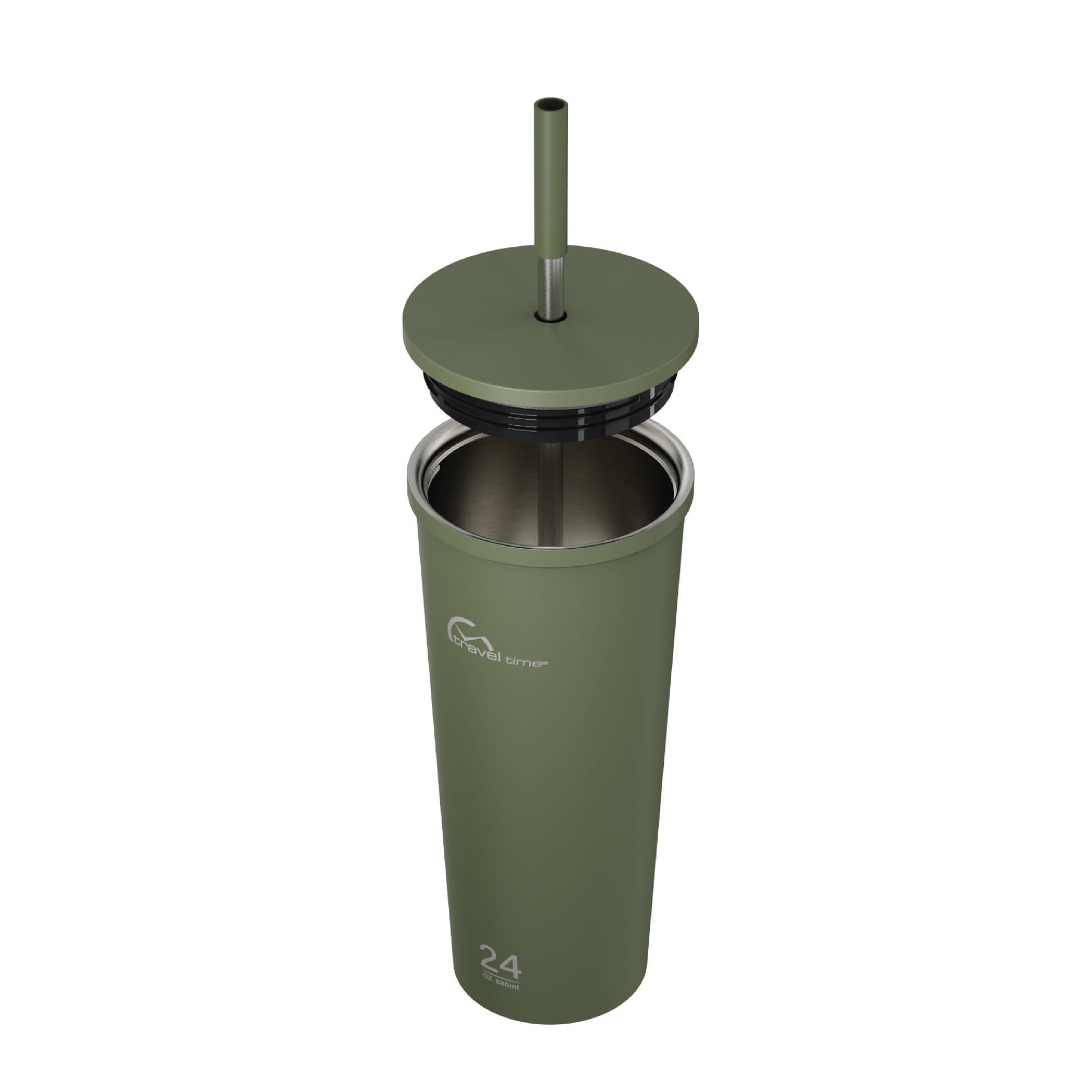 Side view of the 24oz Stainless Steel Tumbler with Straw and Lid in forest green displayed at an angle and against a white background. The tumbler's lid has been opened.