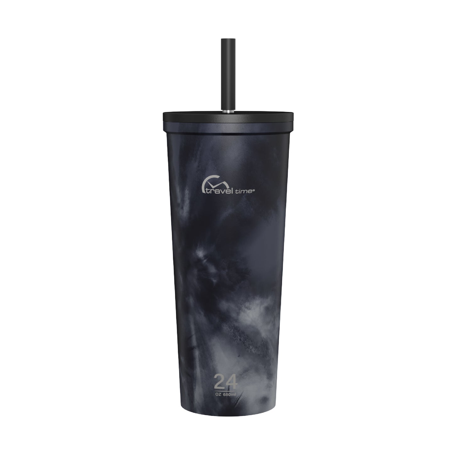 The 24oz Stainless Steel Tumbler with Straw and Lid in Ink Tie Dye displayed against a white background.