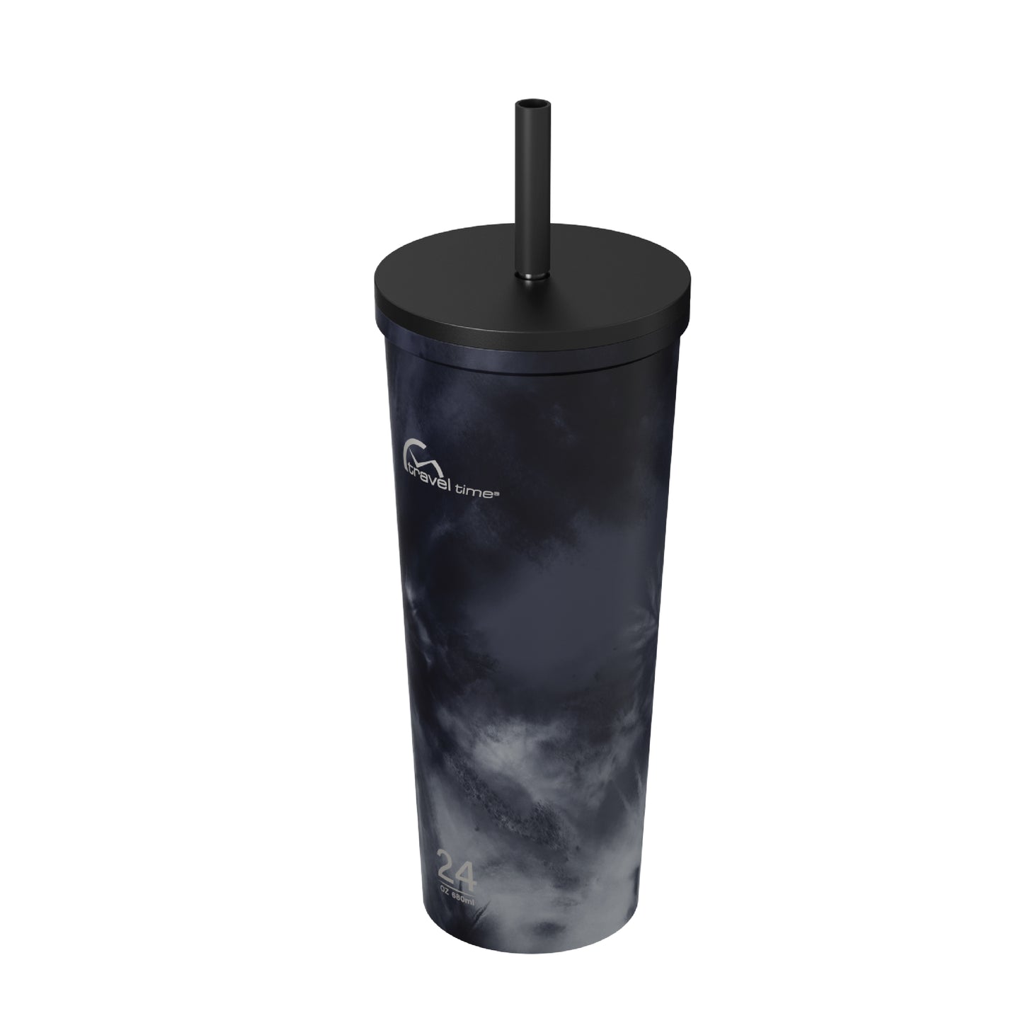Side view of the 24oz Stainless Steel Tumbler with Straw and Lid in Ink Tie Dye displayed at an angle and against a white background.