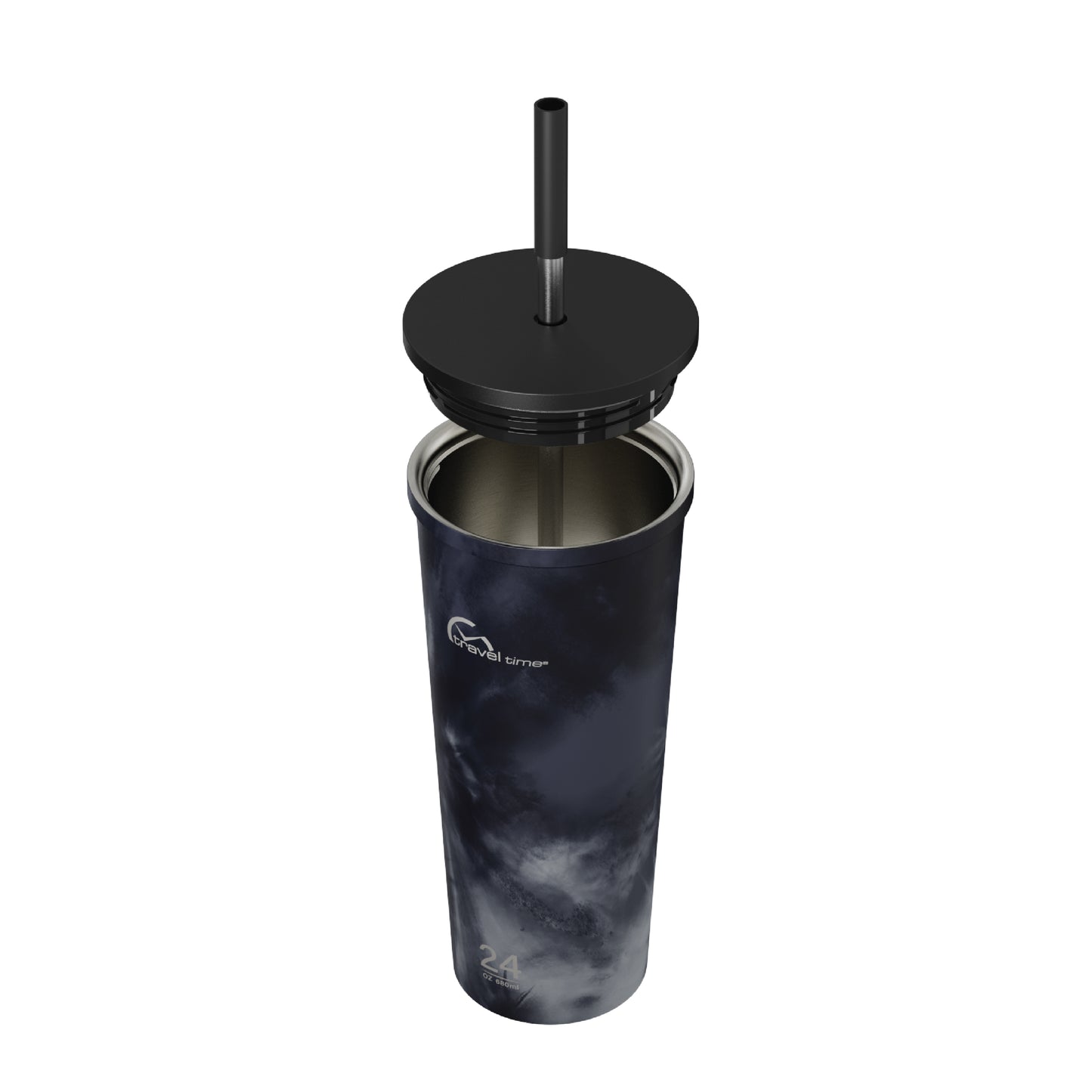 Side view of the 24oz Stainless Steel Tumbler with Straw and Lid in Ink Tie Dye displayed at an angle and against a white background. The tumbler's lid has been opened.