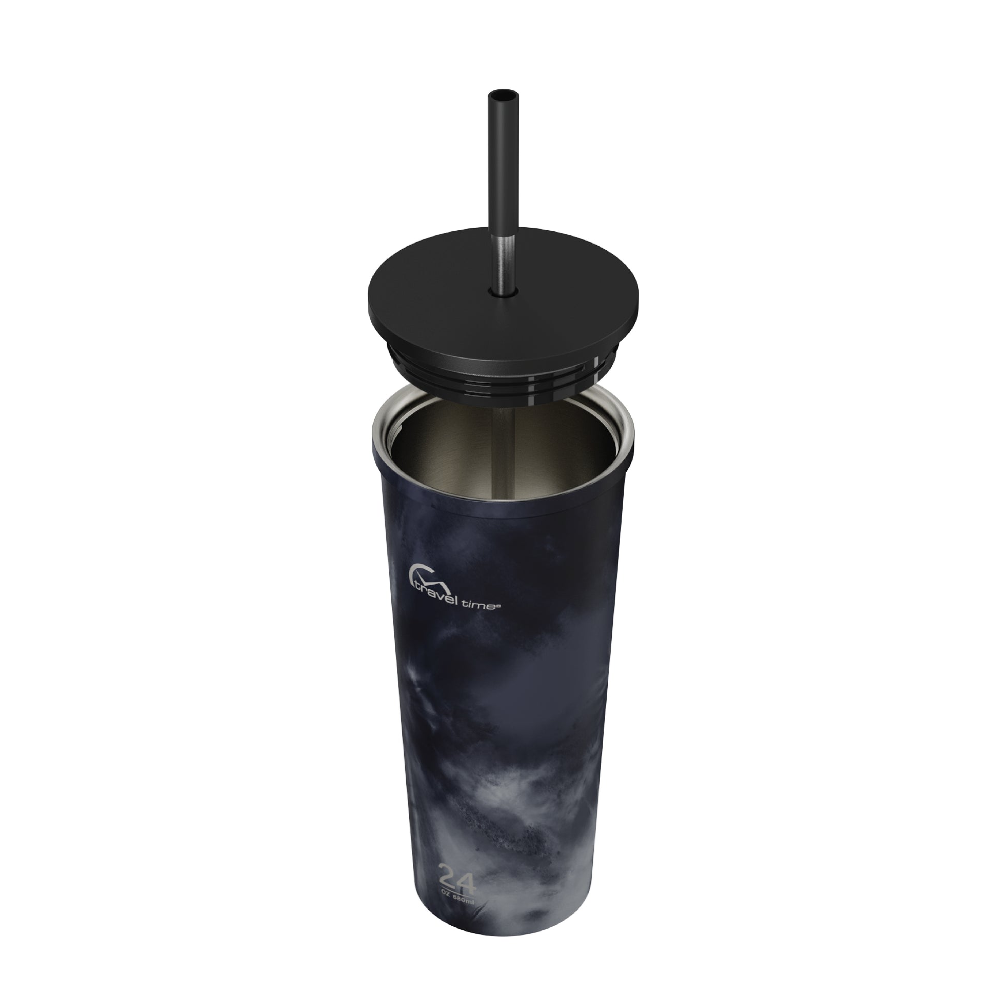 Side view of the 24oz Stainless Steel Tumbler with Straw and Lid in Ink Tie Dye displayed at an angle and against a white background. The tumbler's lid has been opened.