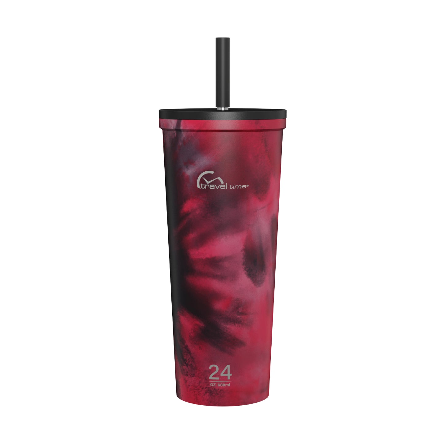 The 24oz Stainless Steel Tumbler with Straw and Lid in magenta tie dye displayed against a white background.