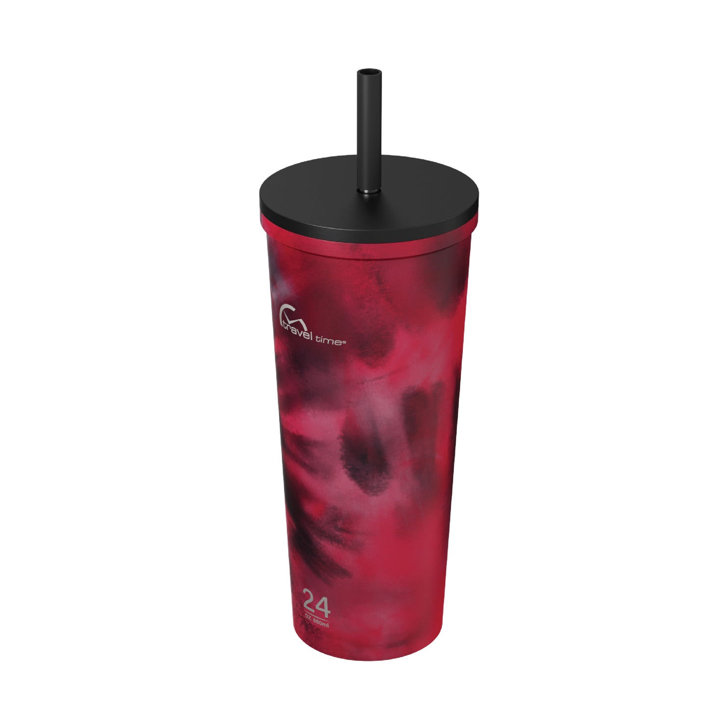 Side view of the 24oz Stainless Steel Tumbler with Straw and Lid in magenta tie dye displayed at an angle and against a white background.
