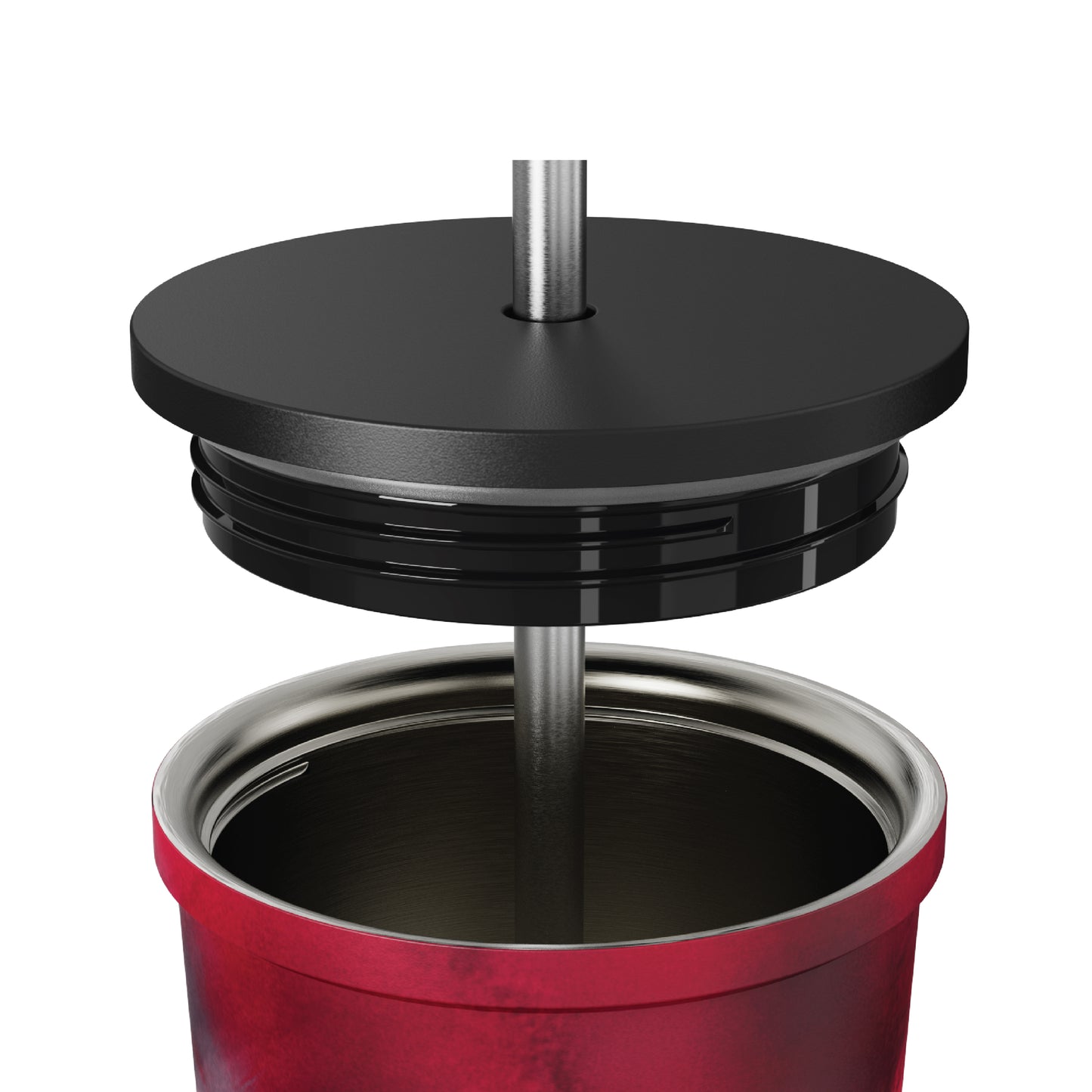 Close-up of the straw and opened lid of the 24oz Stainless Steel Tumbler in magenta tie dye displayed against a white background.