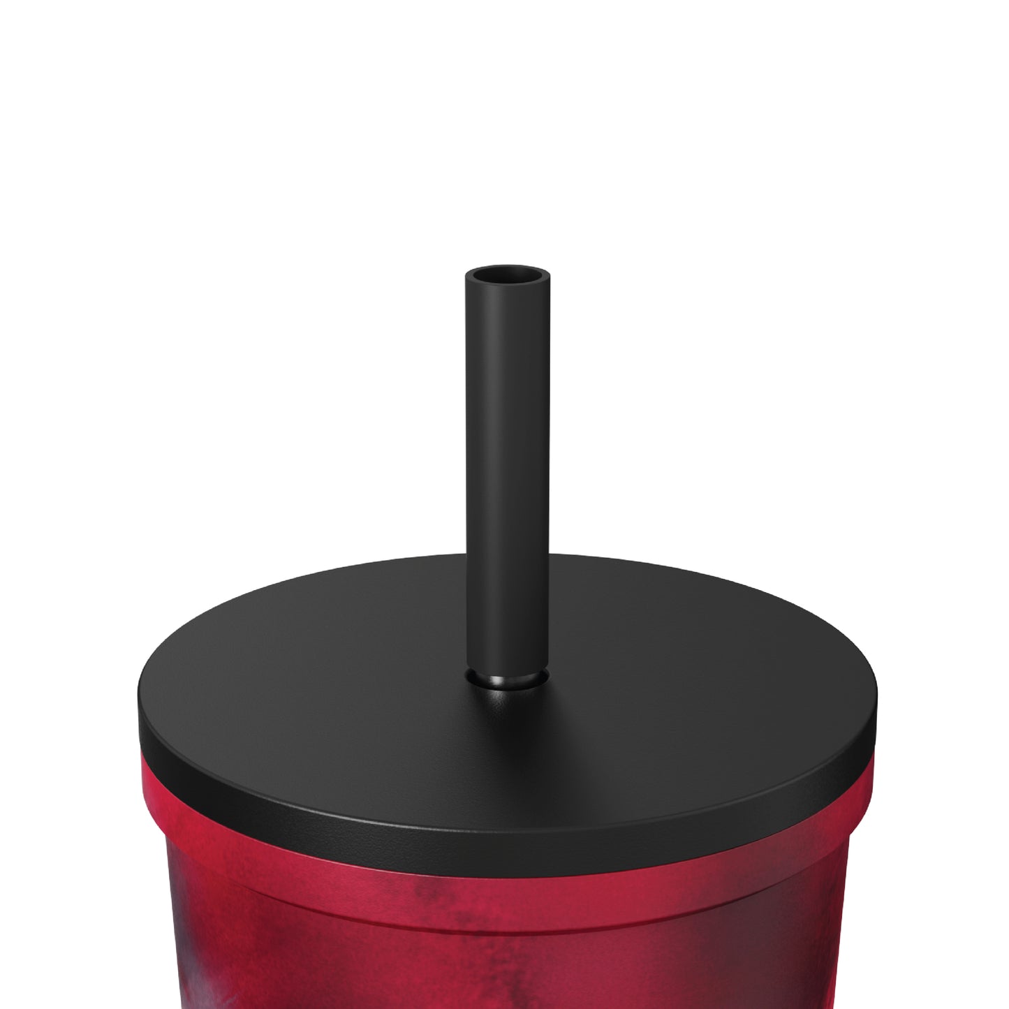 Close-up of the straw and closed lid of the 24oz Stainless Steel Tumbler in magenta tie dye displayed against a white background.