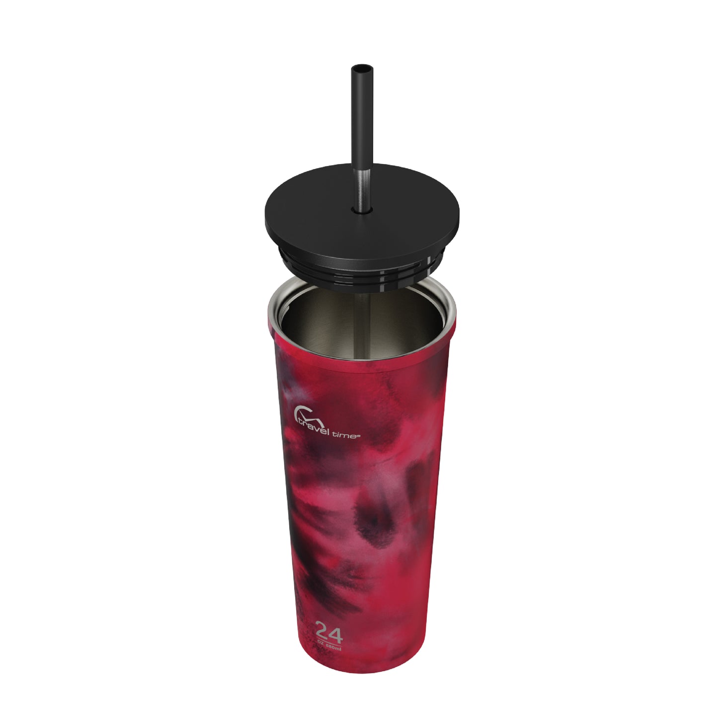 Side view of the 24oz Stainless Steel Tumbler with Straw and Lid in magenta tie dye displayed at an angle and against a white background. The tumbler's lid has been opened.