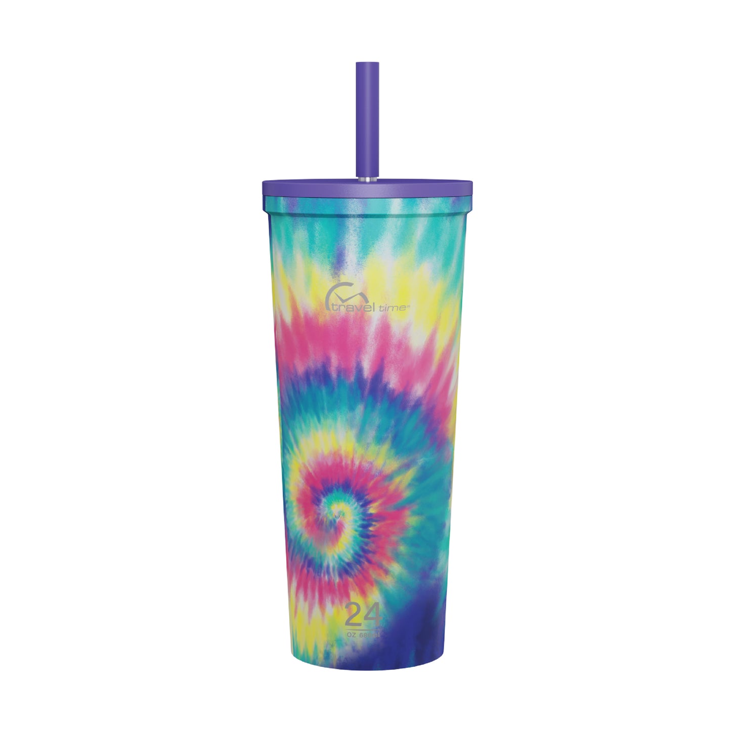 The 24oz Stainless Steel Tumbler with Straw and Lid in multicolor tie dye displayed against a white background.